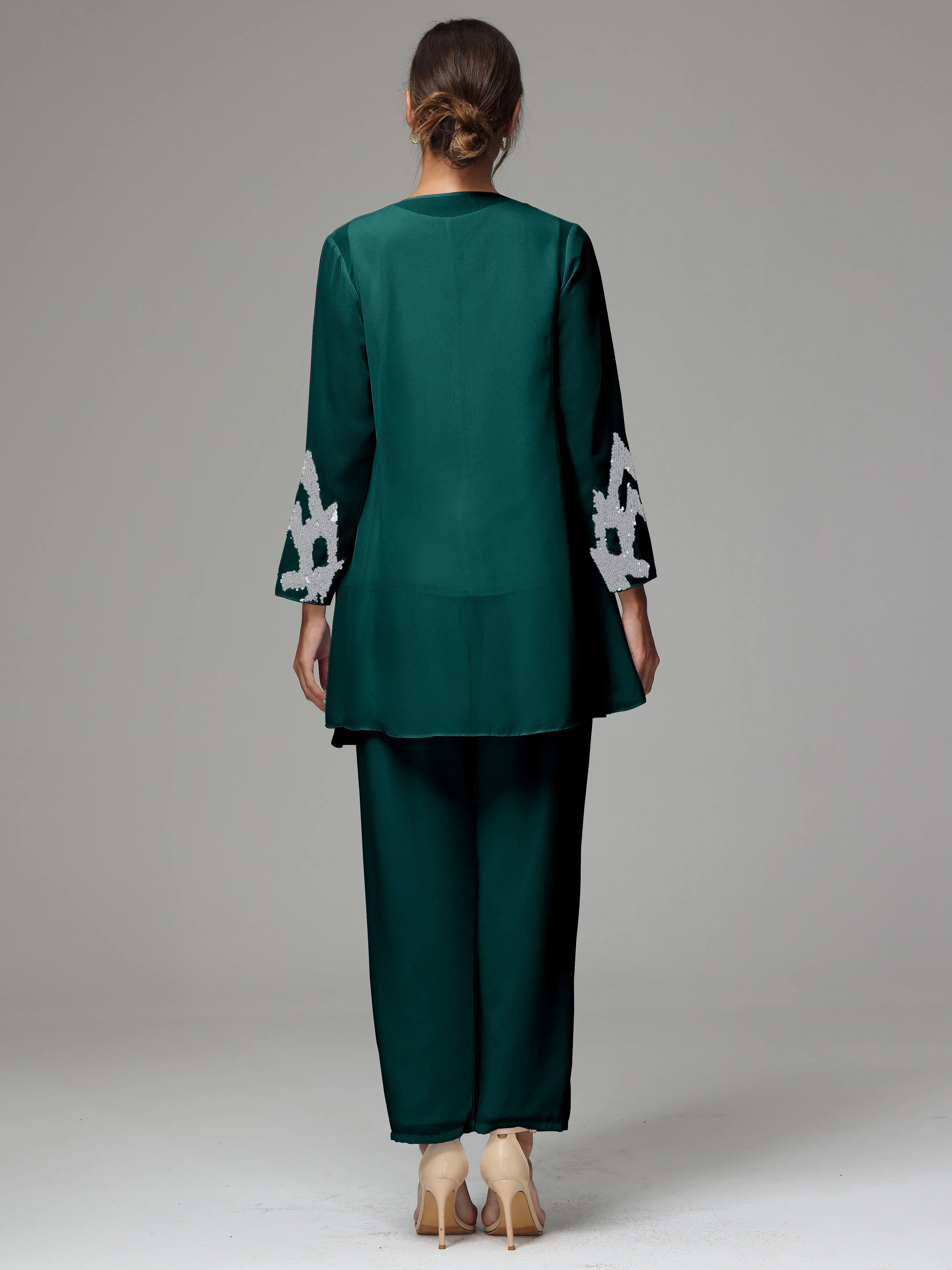3 Pieces Long Sleeve Sequin Flutter Chiffon Mother of  Groom Dress Pant Suits