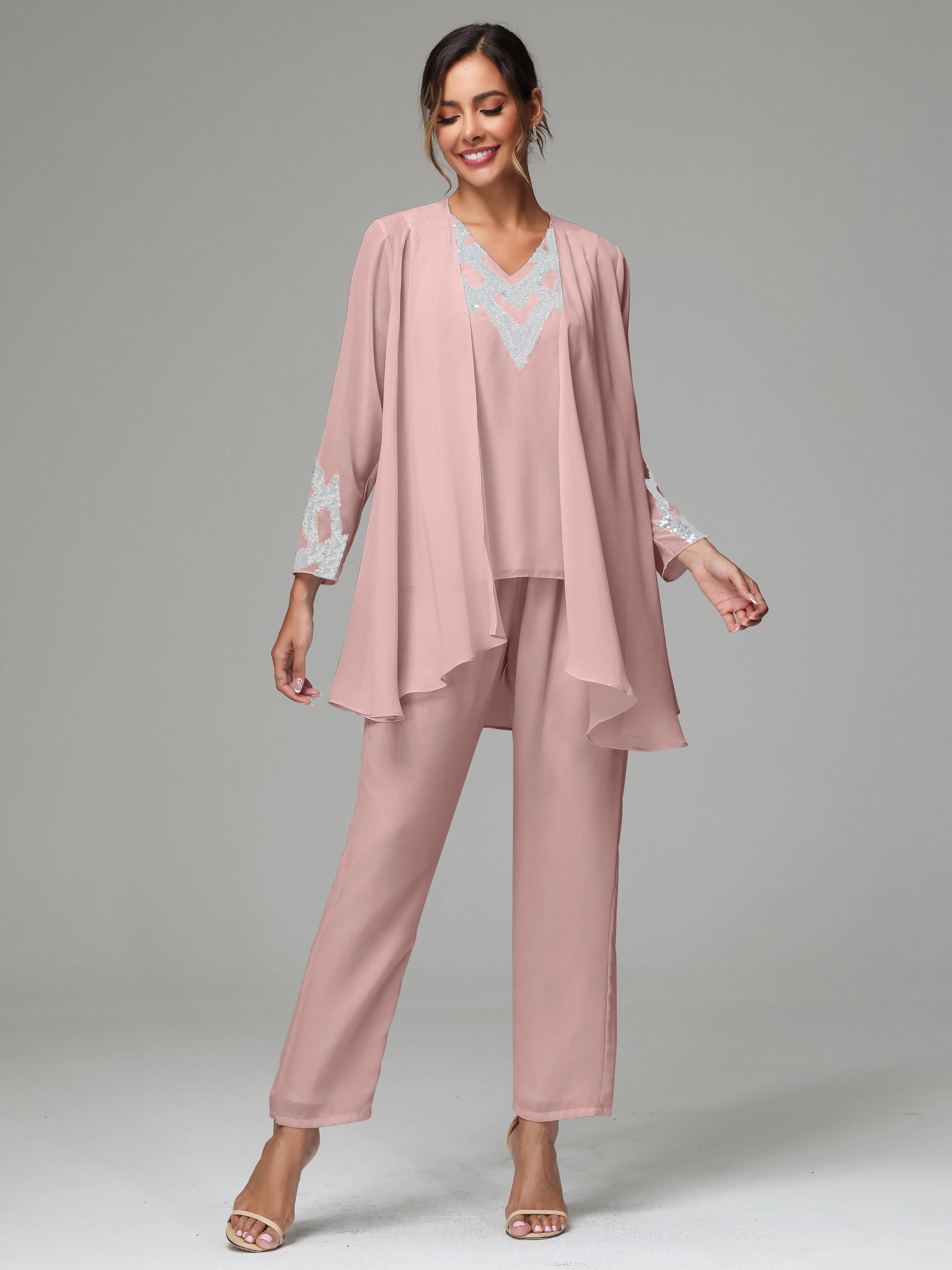 3 Pieces Long Sleeve Sequin Flutter Chiffon Mother of  Groom Dress Pant Suits