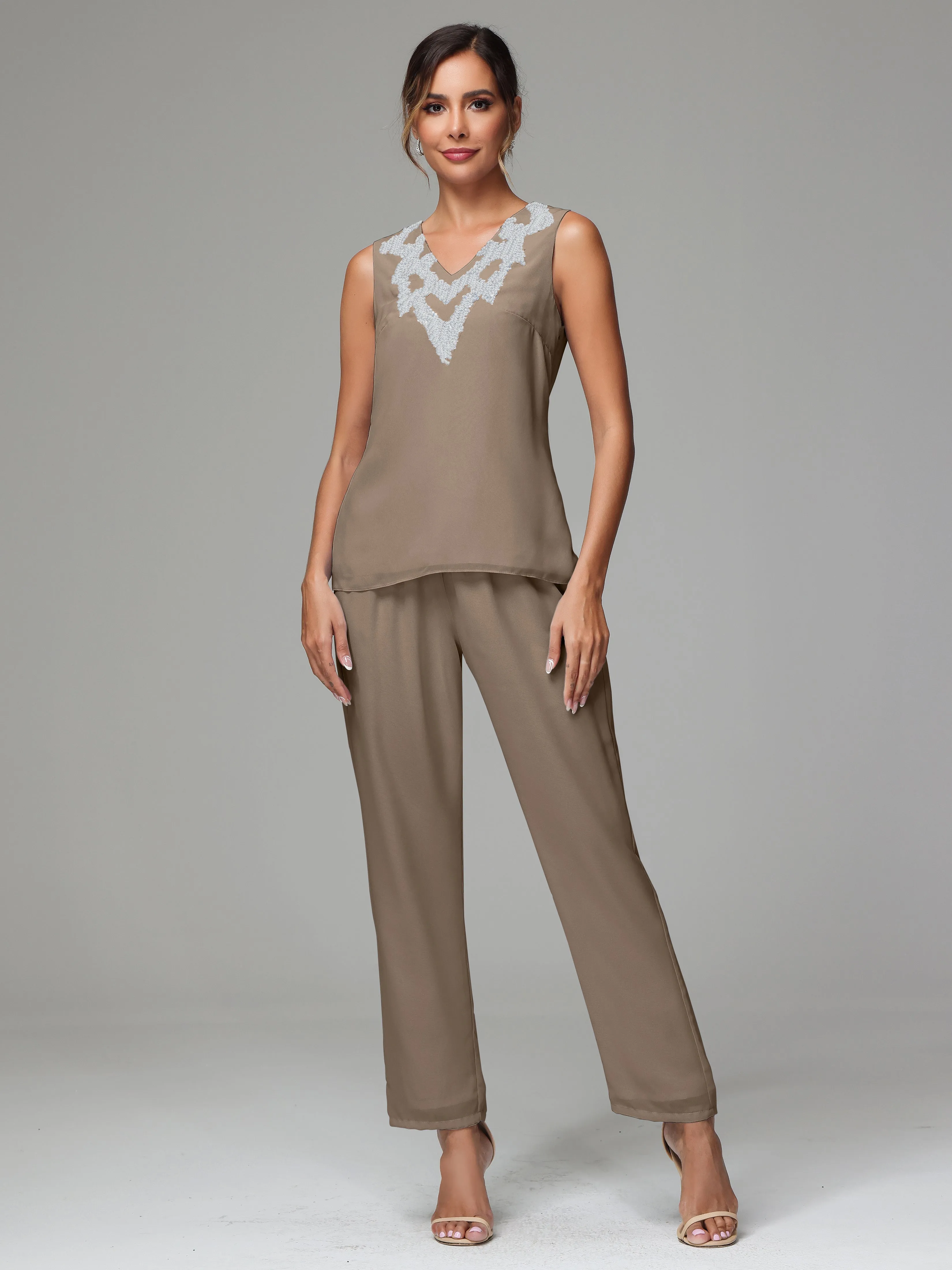 3 Pieces Long Sleeve Sequin Flutter Chiffon Mother of  Groom Dress Pant Suits