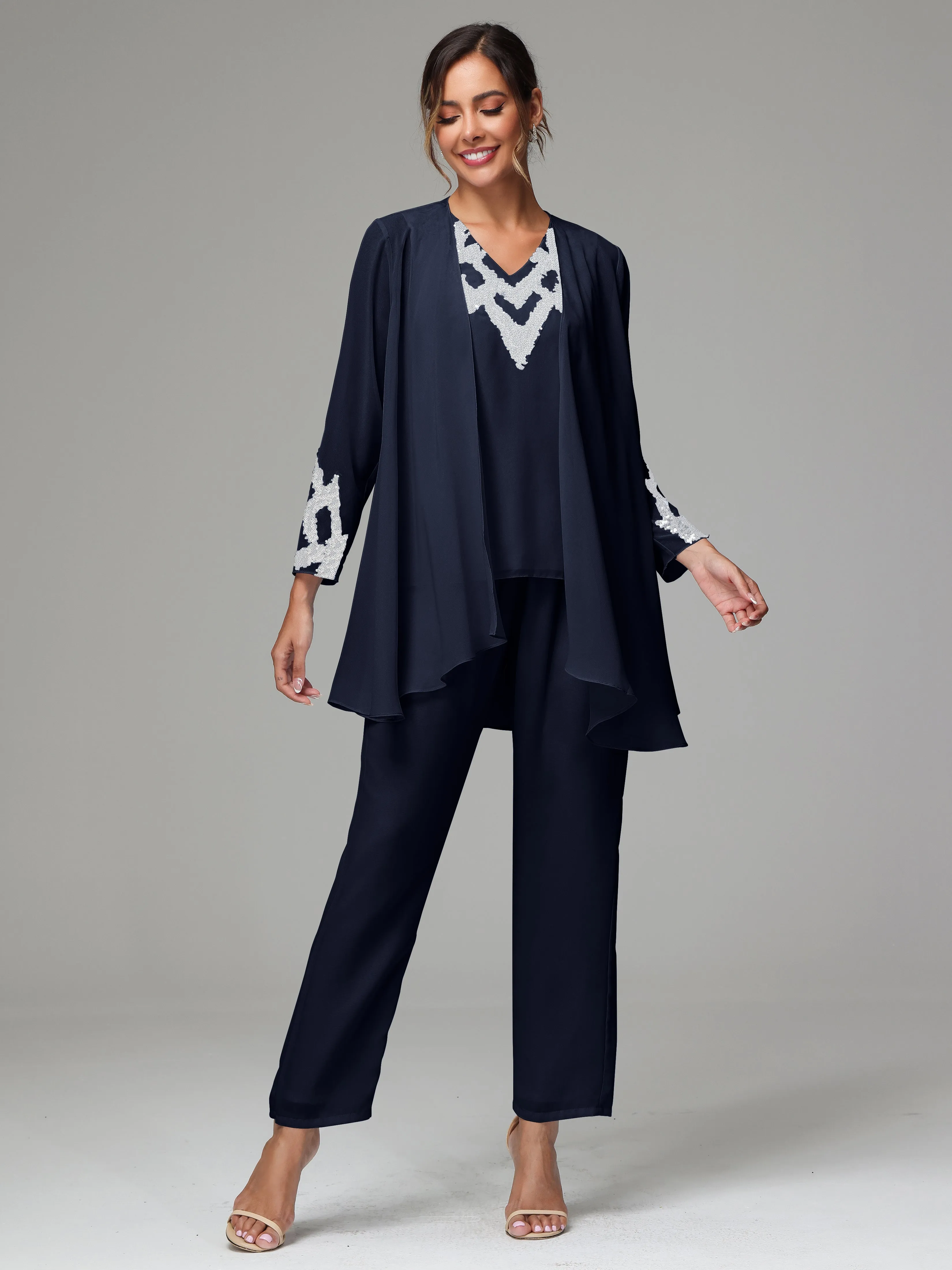 3 Pieces Long Sleeve Sequin Flutter Chiffon Mother of  Groom Dress Pant Suits