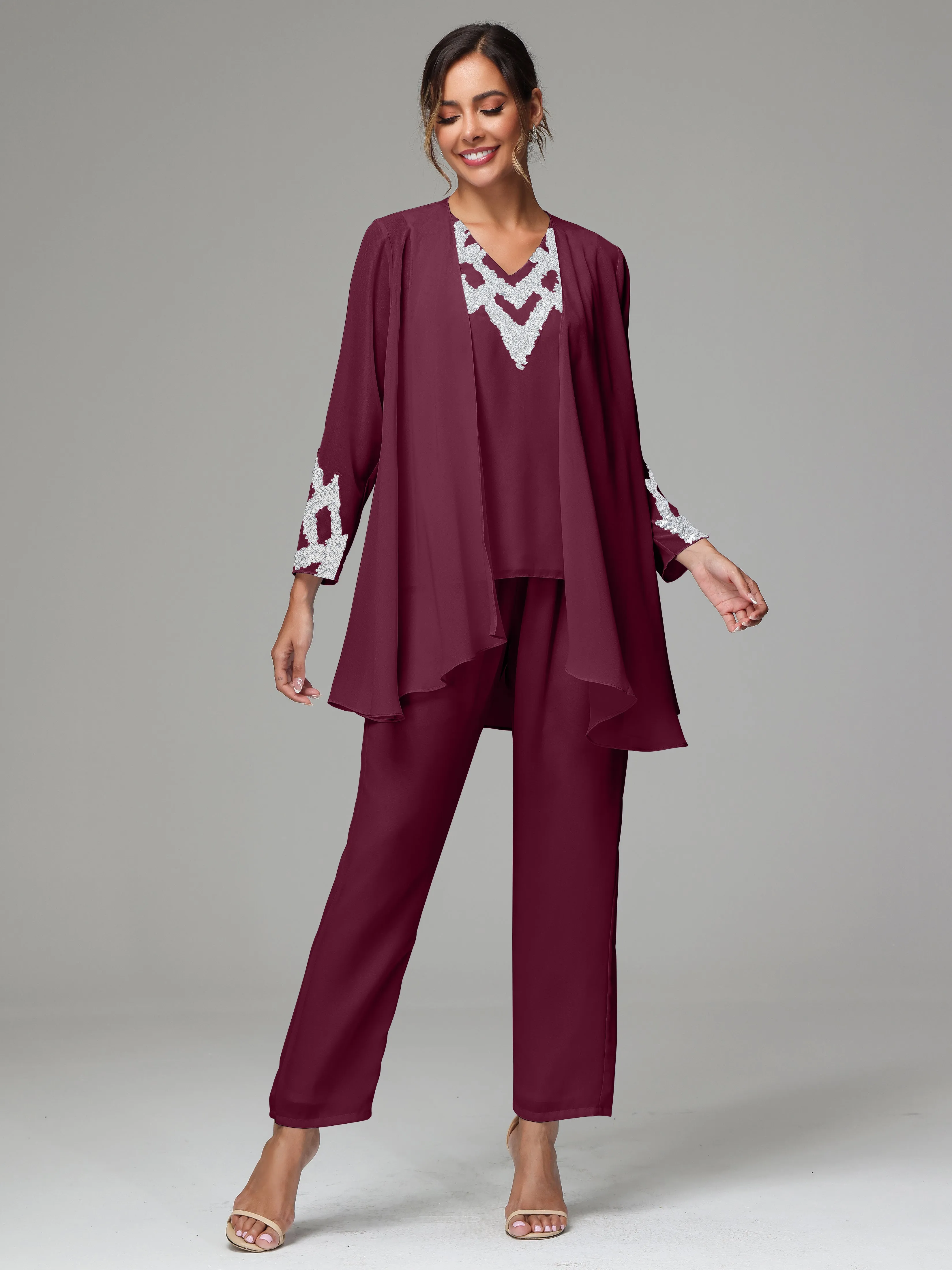 3 Pieces Long Sleeve Sequin Flutter Chiffon Mother of  Groom Dress Pant Suits