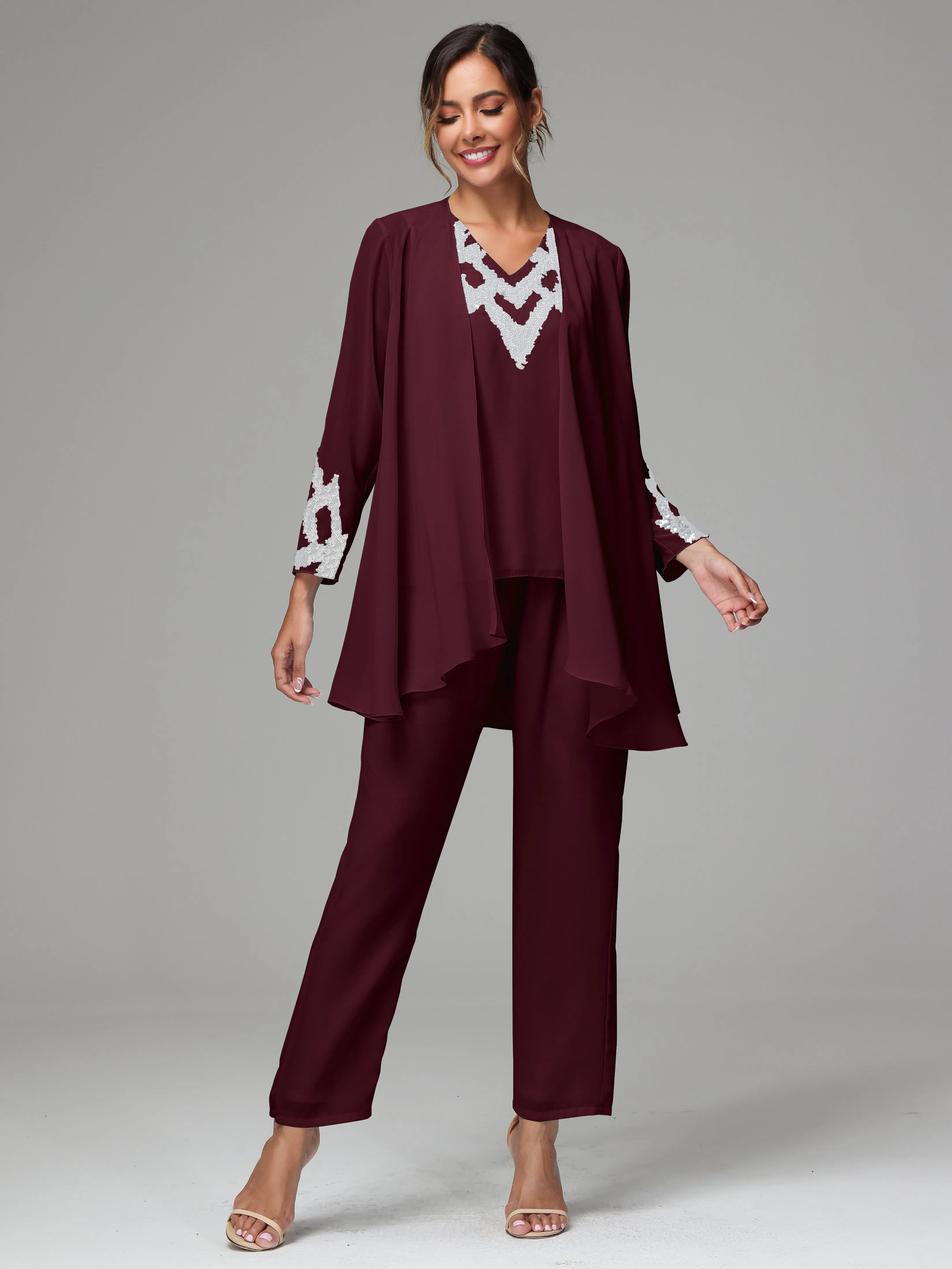 3 Pieces Long Sleeve Sequin Flutter Chiffon Mother of  Groom Dress Pant Suits