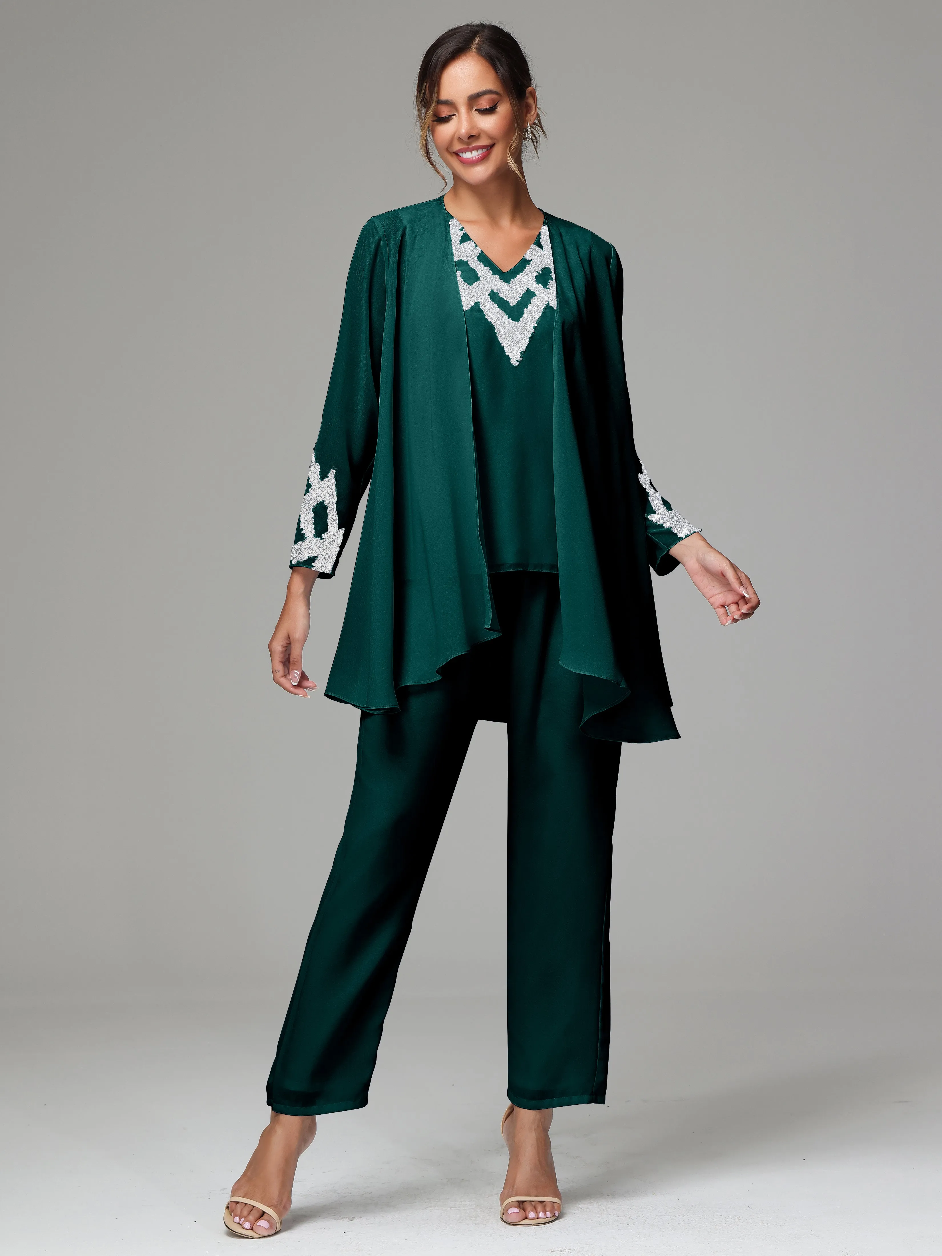 3 Pieces Long Sleeve Sequin Flutter Chiffon Mother of  Groom Dress Pant Suits