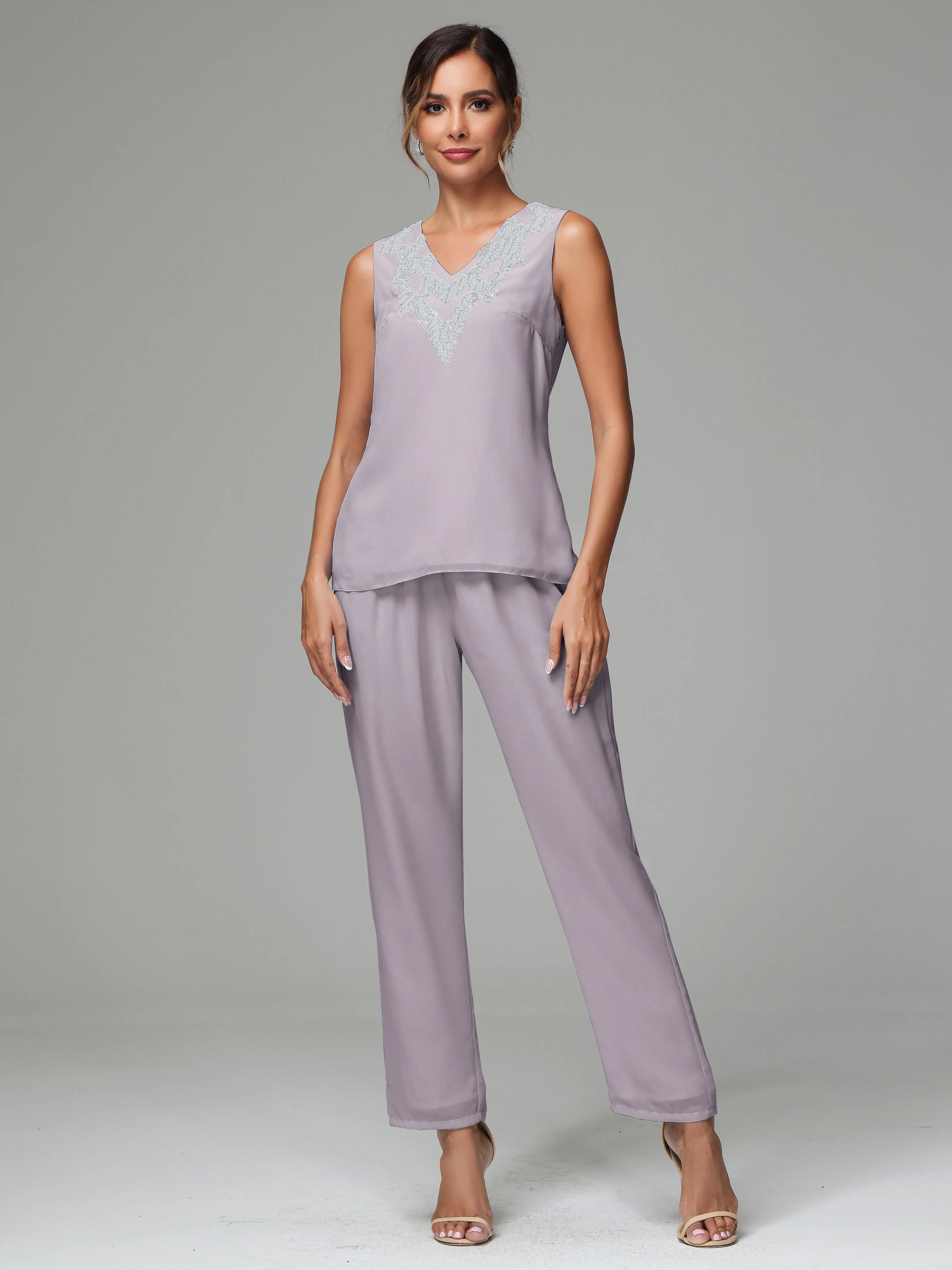 3 Pieces Long Sleeve Sequin Flutter Chiffon Mother of  Groom Dress Pant Suits