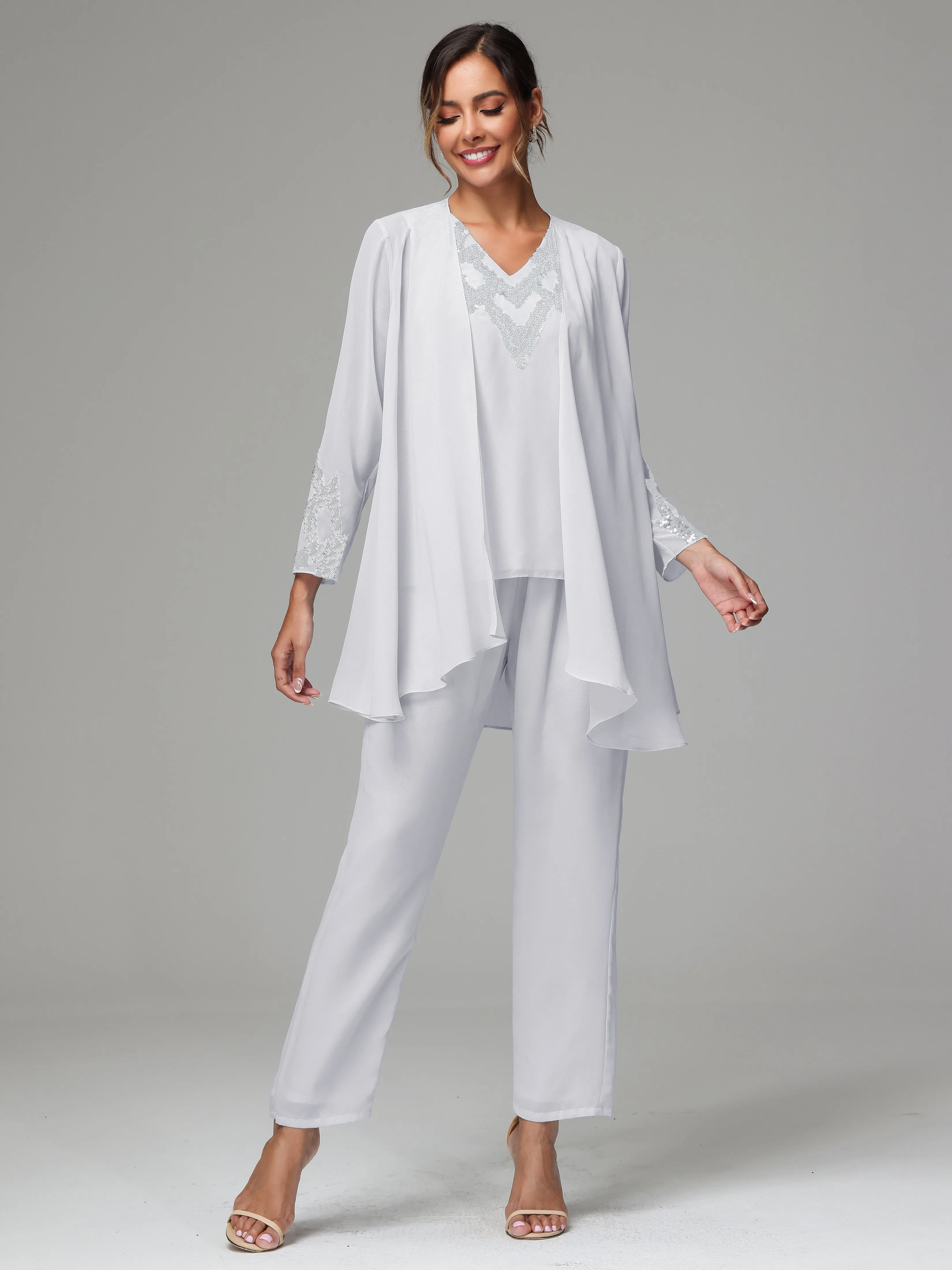 3 Pieces Long Sleeve Sequin Flutter Chiffon Mother of  Groom Dress Pant Suits