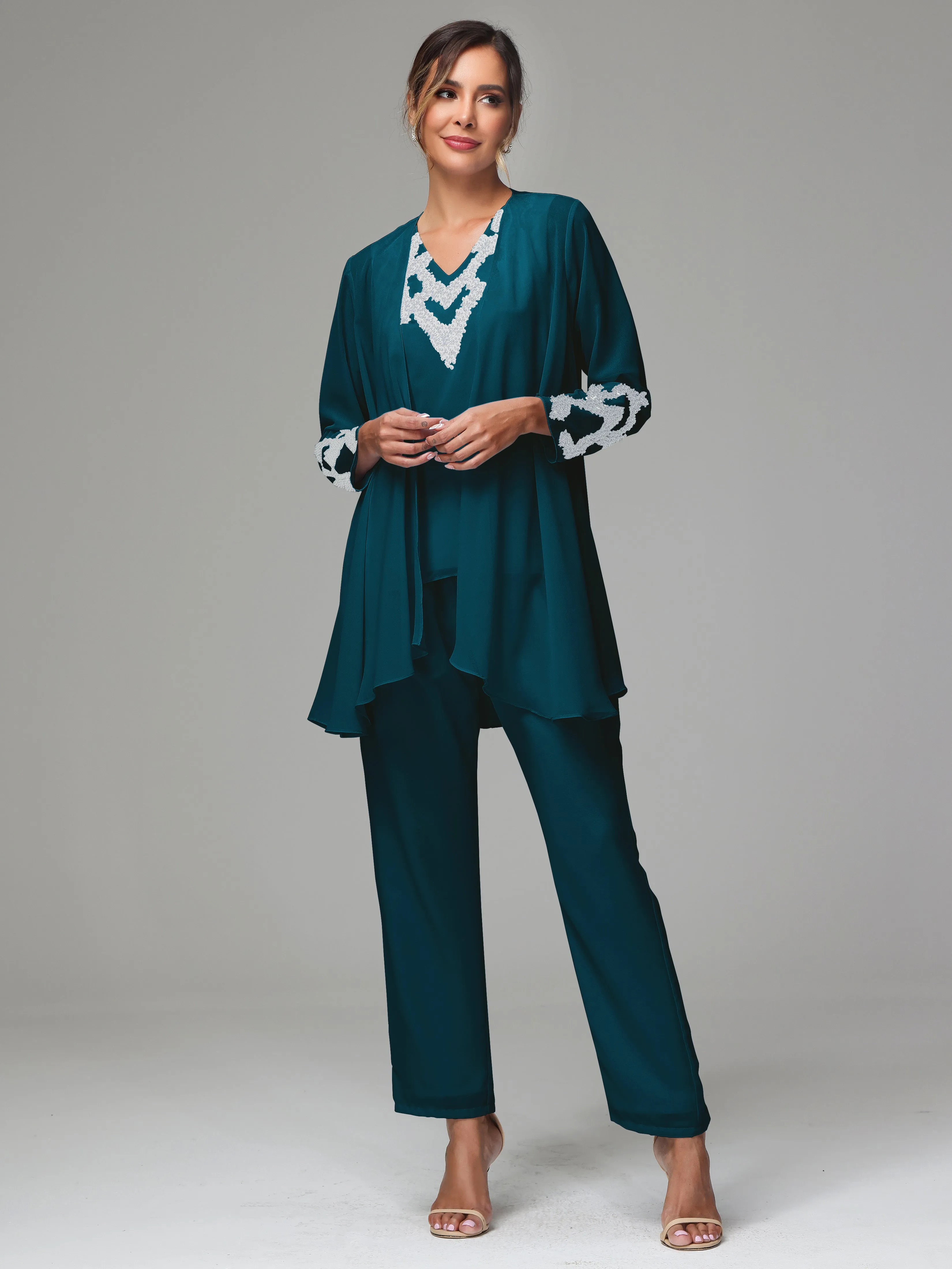 3 Pieces Long Sleeve Sequin Flutter Chiffon Mother of  Groom Dress Pant Suits