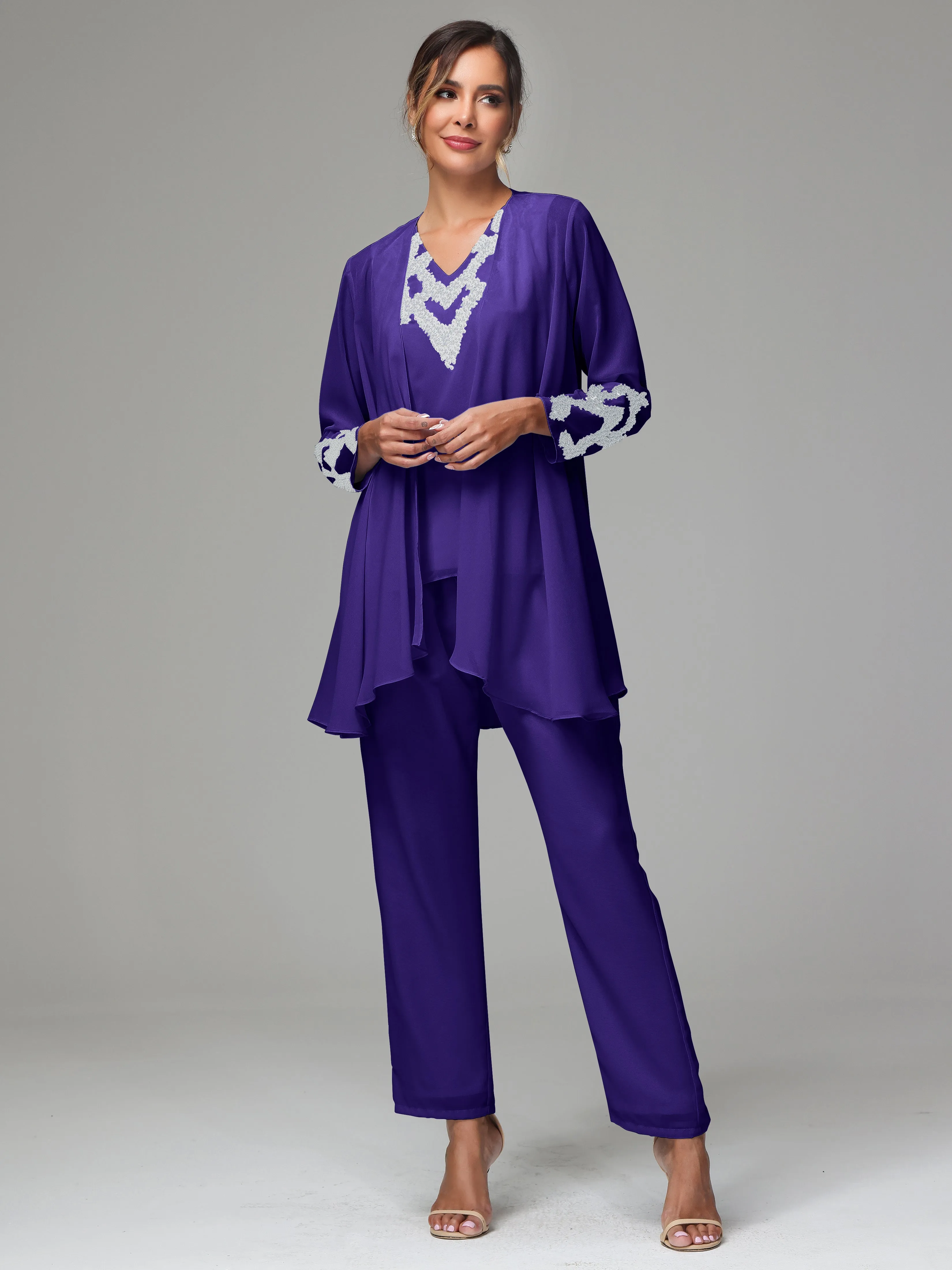 3 Pieces Long Sleeve Sequin Flutter Chiffon Mother of  Groom Dress Pant Suits