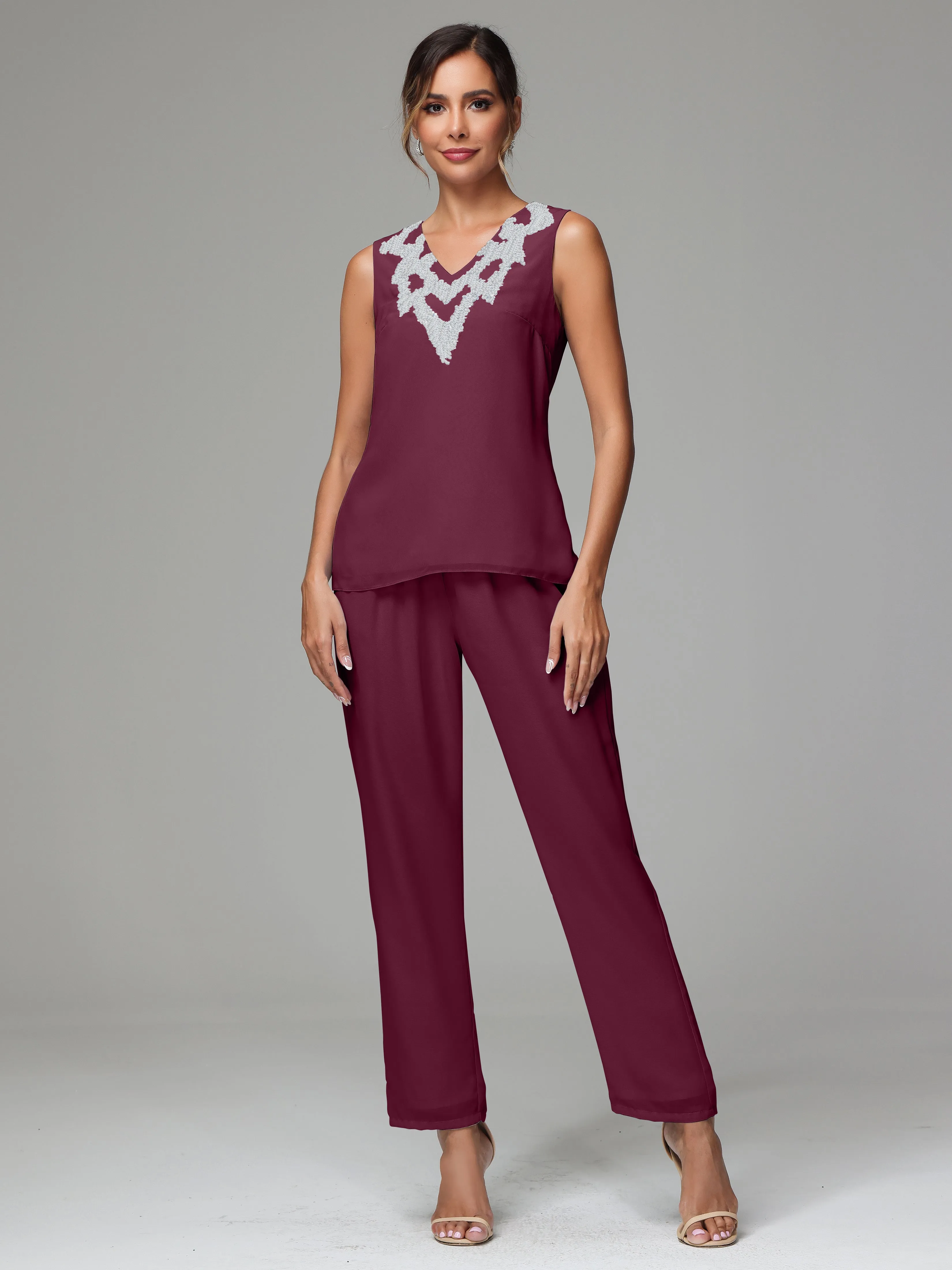 3 Pieces Long Sleeve Sequin Flutter Chiffon Mother of  Groom Dress Pant Suits
