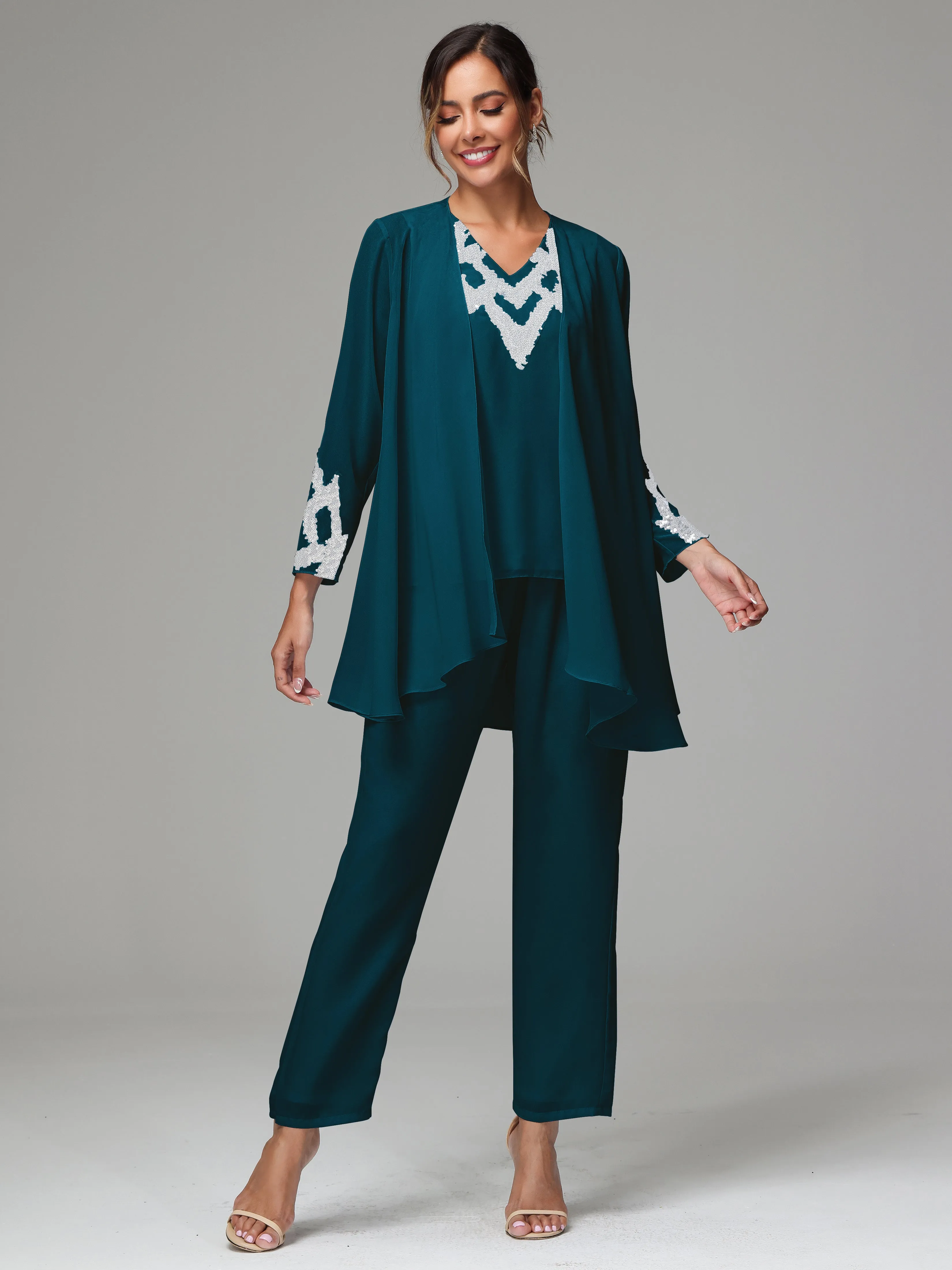 3 Pieces Long Sleeve Sequin Flutter Chiffon Mother of  Groom Dress Pant Suits