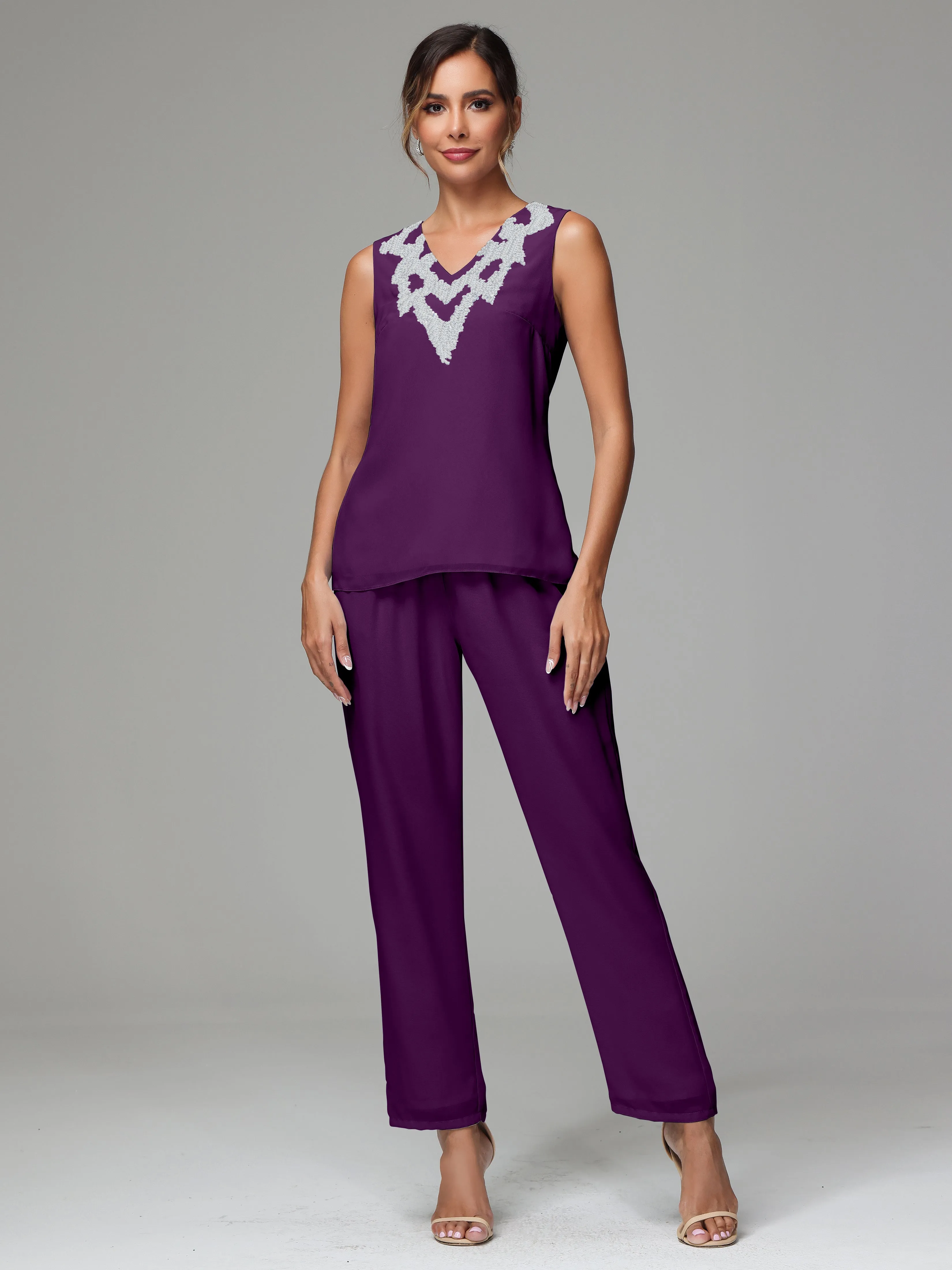 3 Pieces Long Sleeve Sequin Flutter Chiffon Mother of  Groom Dress Pant Suits