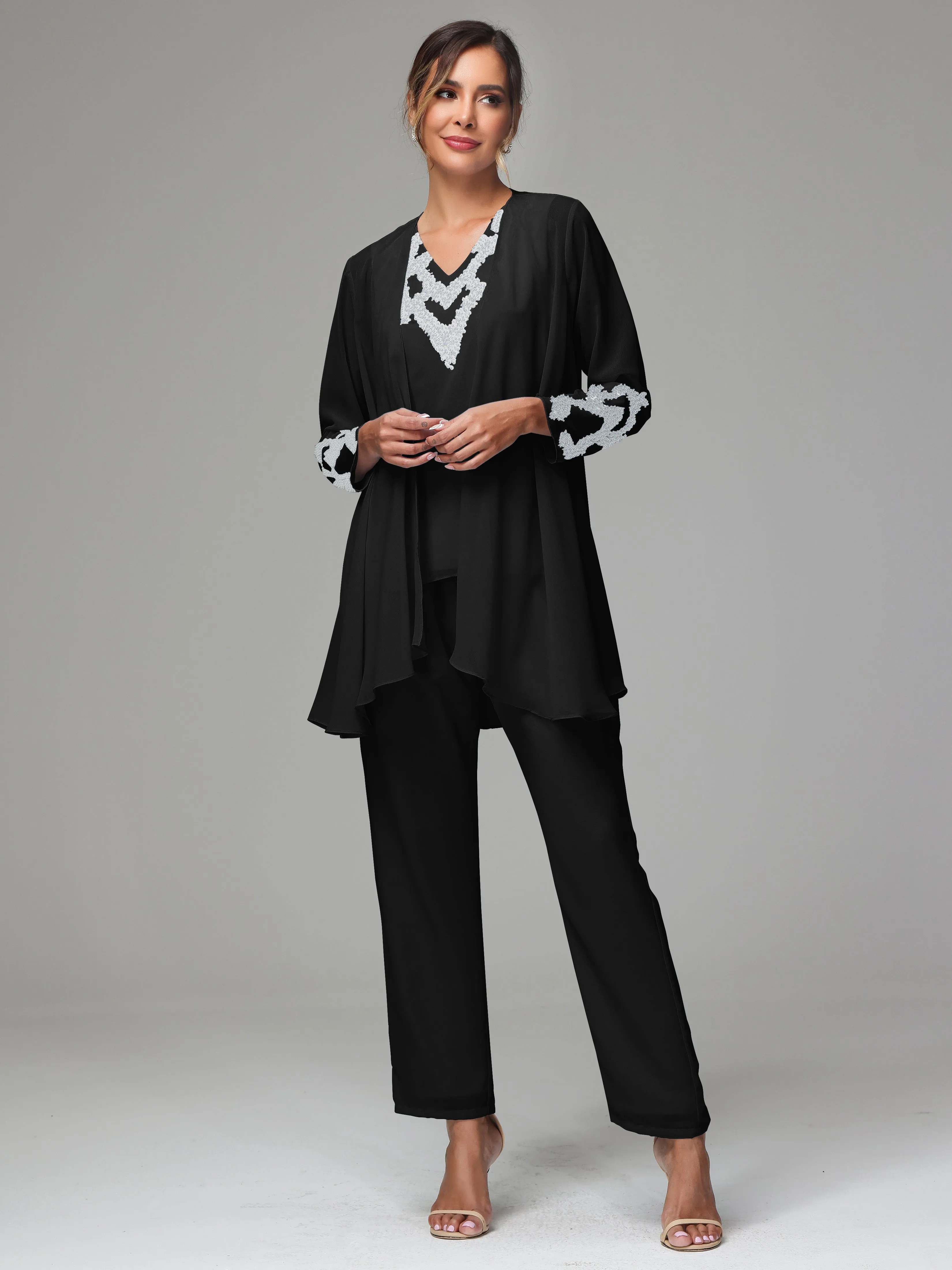 3 Pieces Long Sleeve Sequin Flutter Chiffon Mother of  Groom Dress Pant Suits