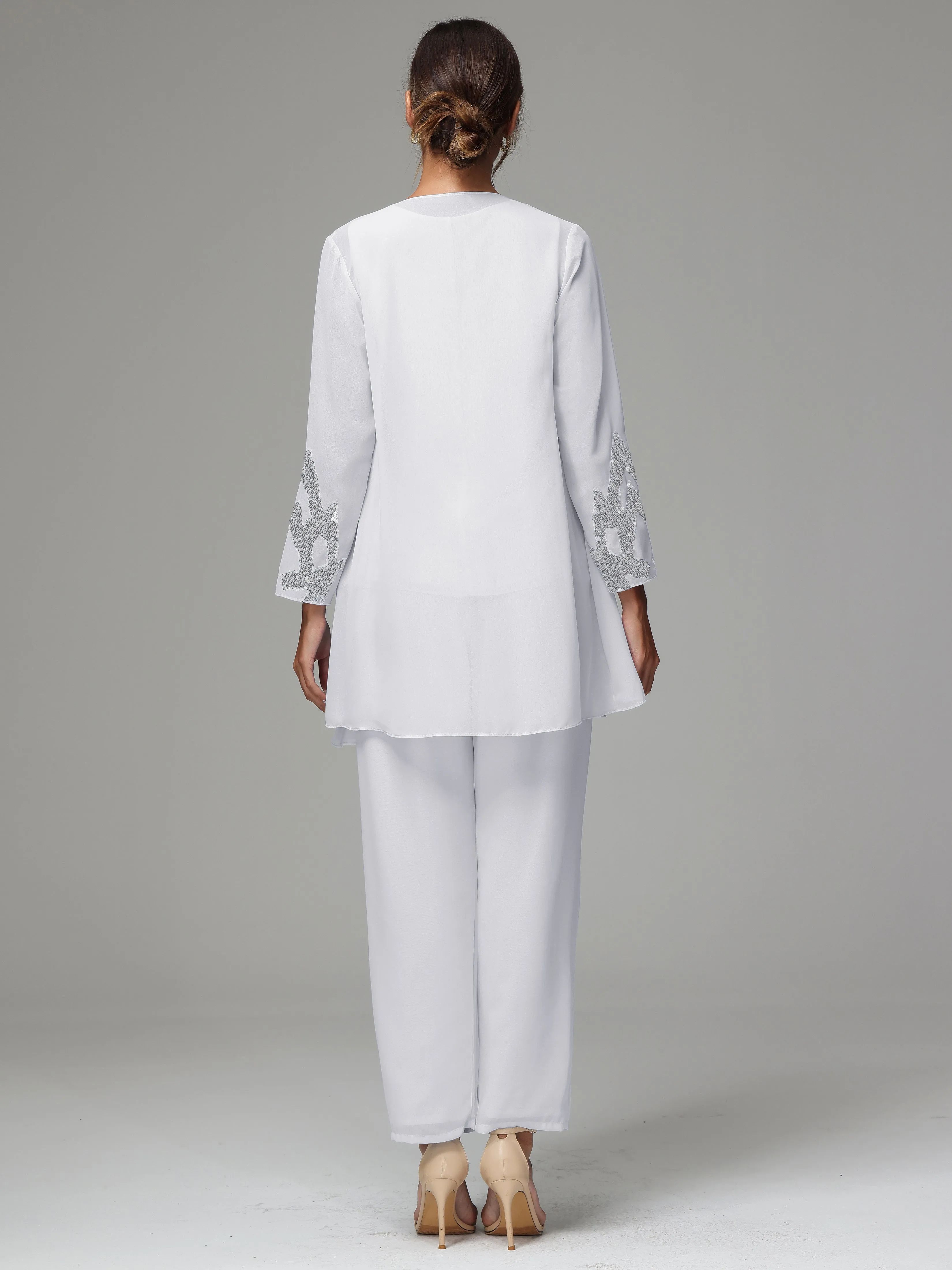 3 Pieces Long Sleeve Sequin Flutter Chiffon Mother of  Groom Dress Pant Suits