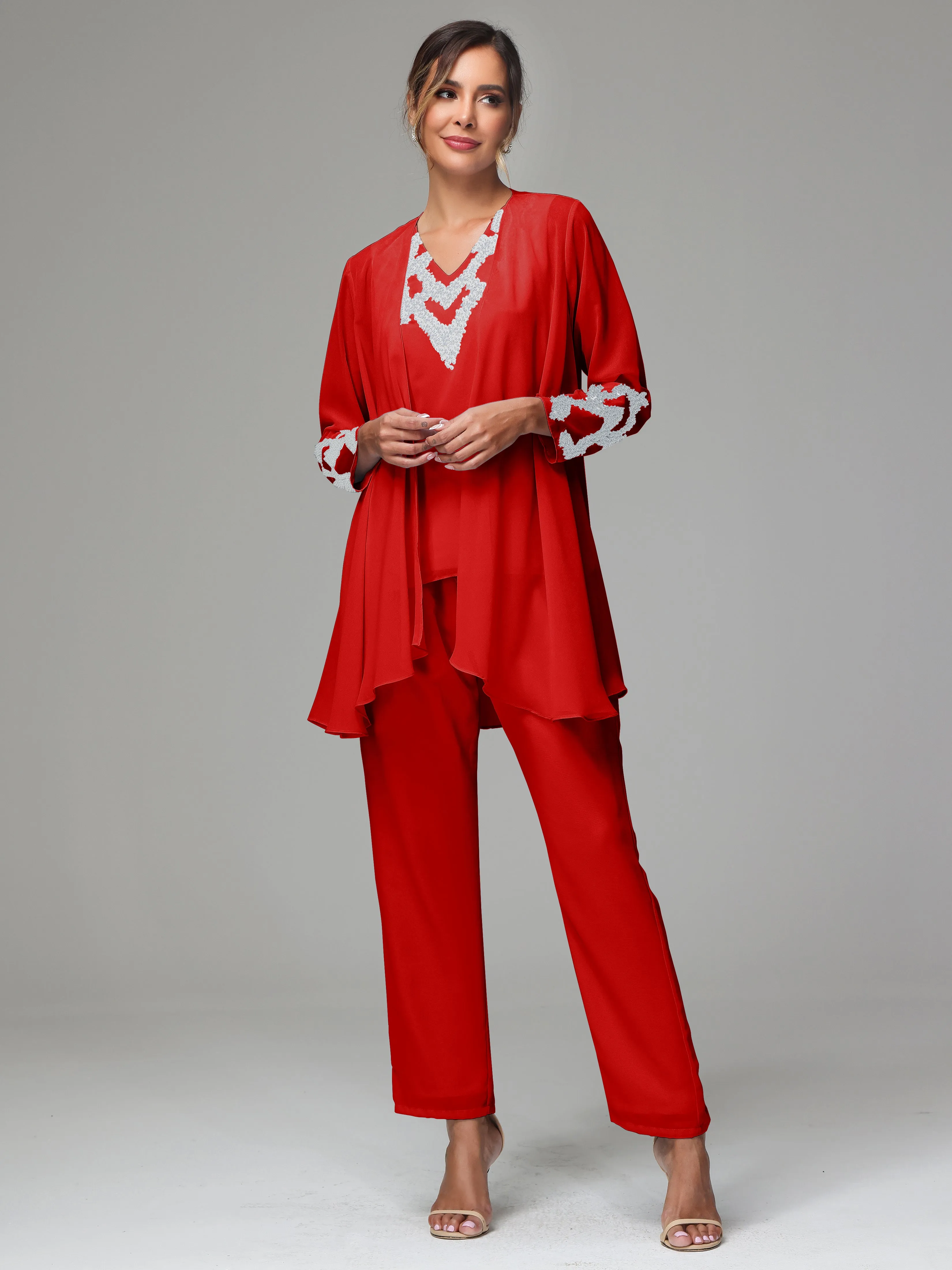 3 Pieces Long Sleeve Sequin Flutter Chiffon Mother of  Groom Dress Pant Suits