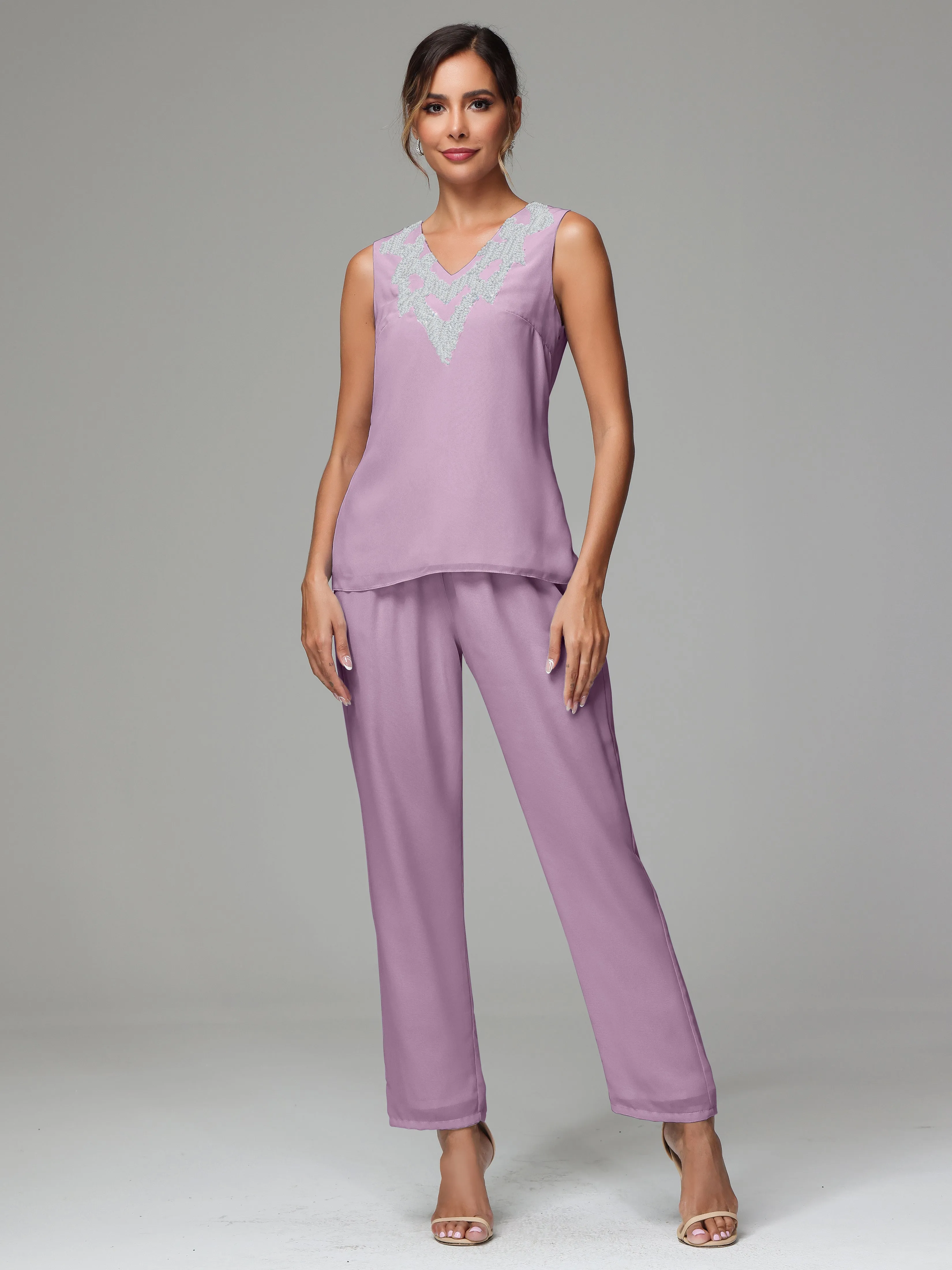 3 Pieces Long Sleeve Sequin Flutter Chiffon Mother of  Groom Dress Pant Suits
