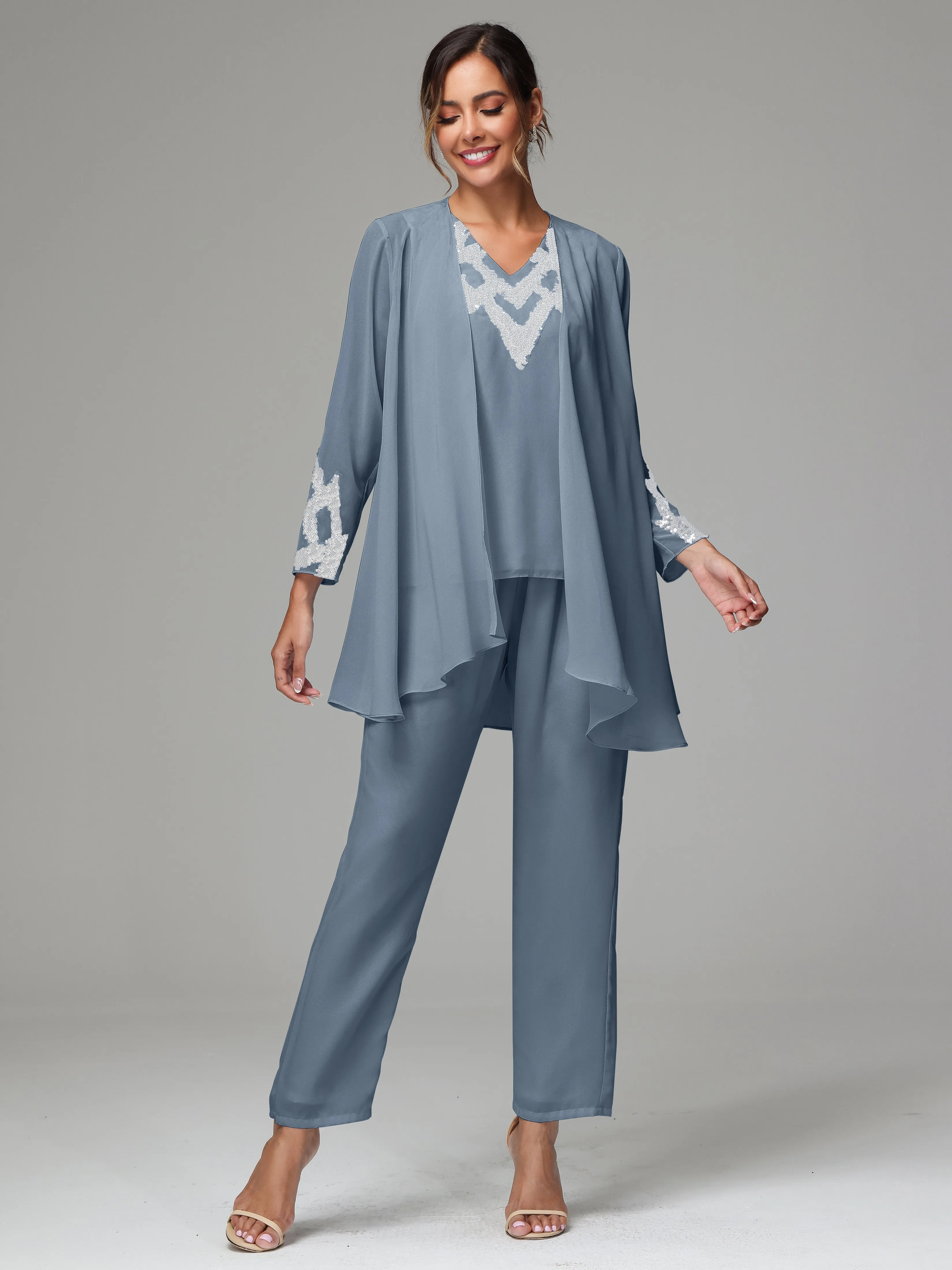 3 Pieces Long Sleeve Sequin Flutter Chiffon Mother of  Groom Dress Pant Suits