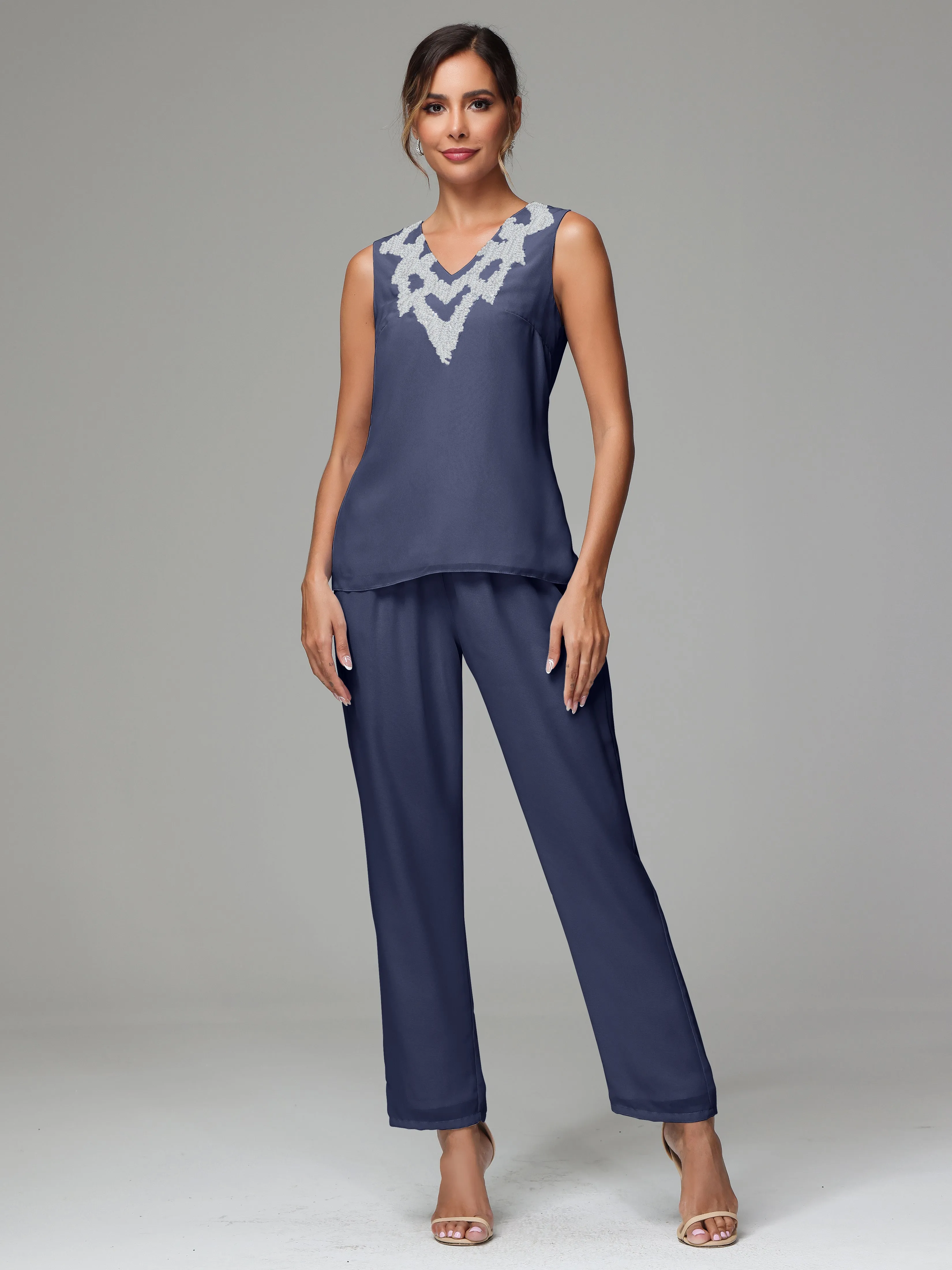 3 Pieces Long Sleeve Sequin Flutter Chiffon Mother of  Groom Dress Pant Suits