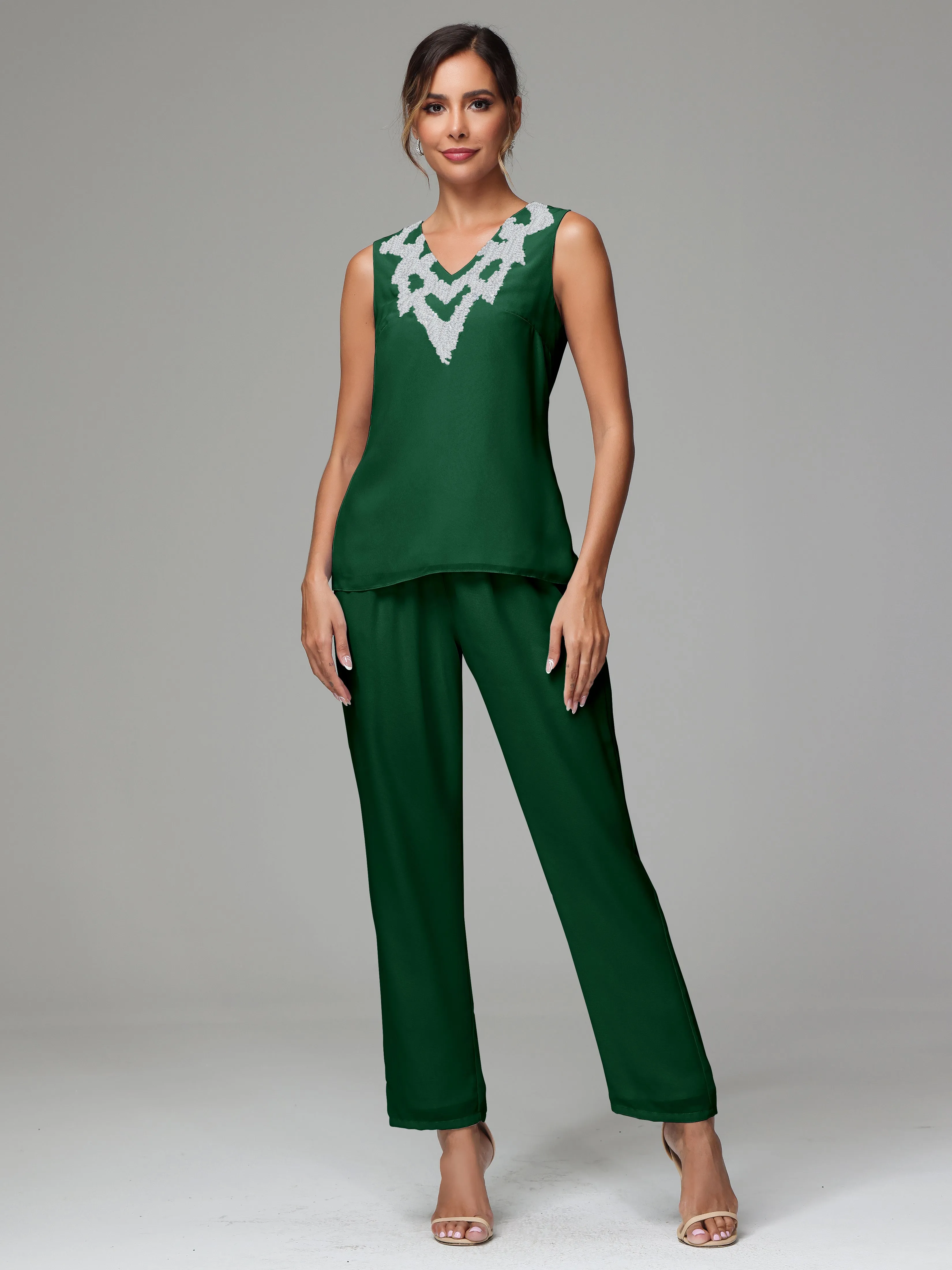 3 Pieces Long Sleeve Sequin Flutter Chiffon Mother of  Groom Dress Pant Suits
