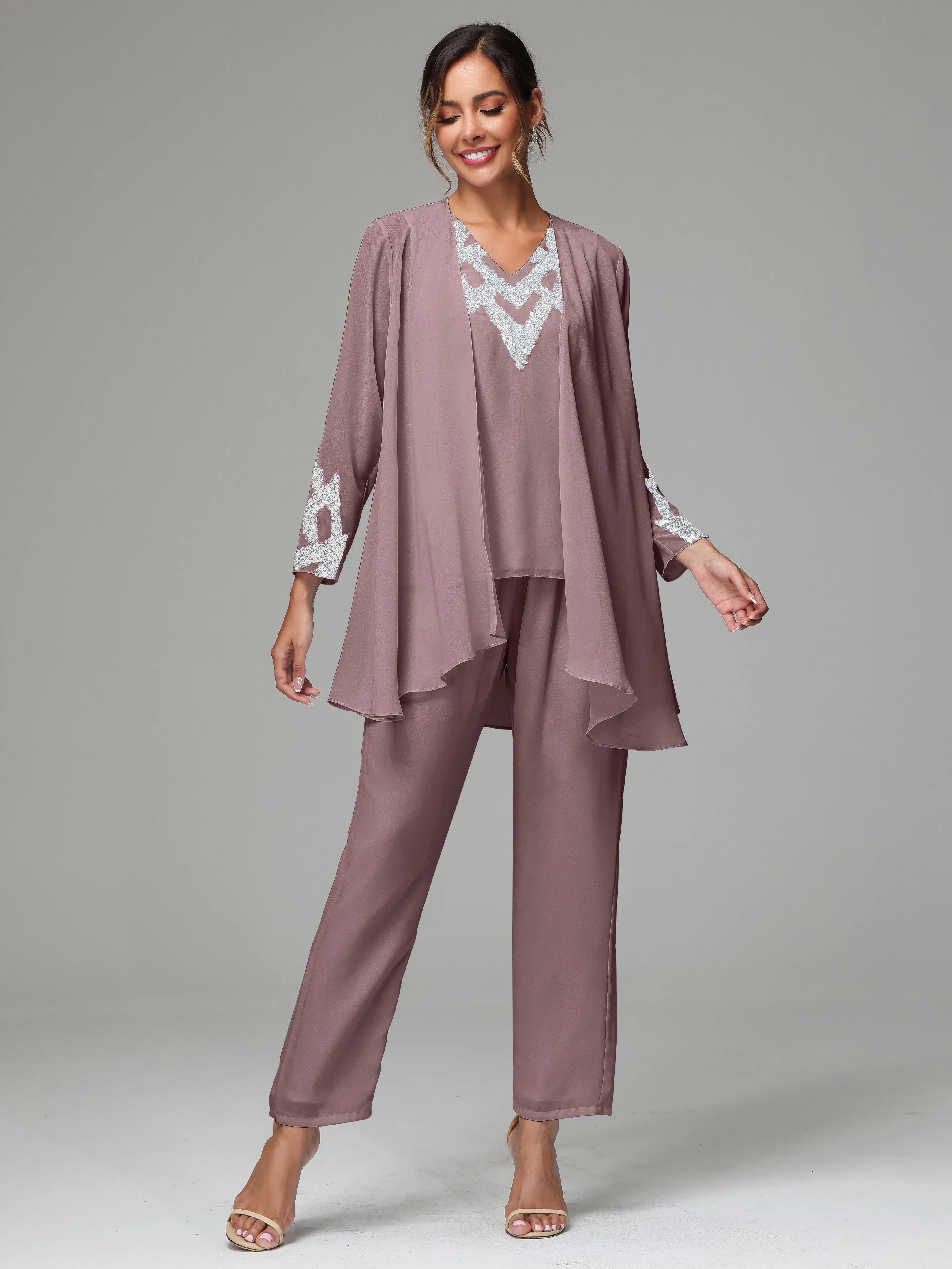 3 Pieces Long Sleeve Sequin Flutter Chiffon Mother of  Groom Dress Pant Suits