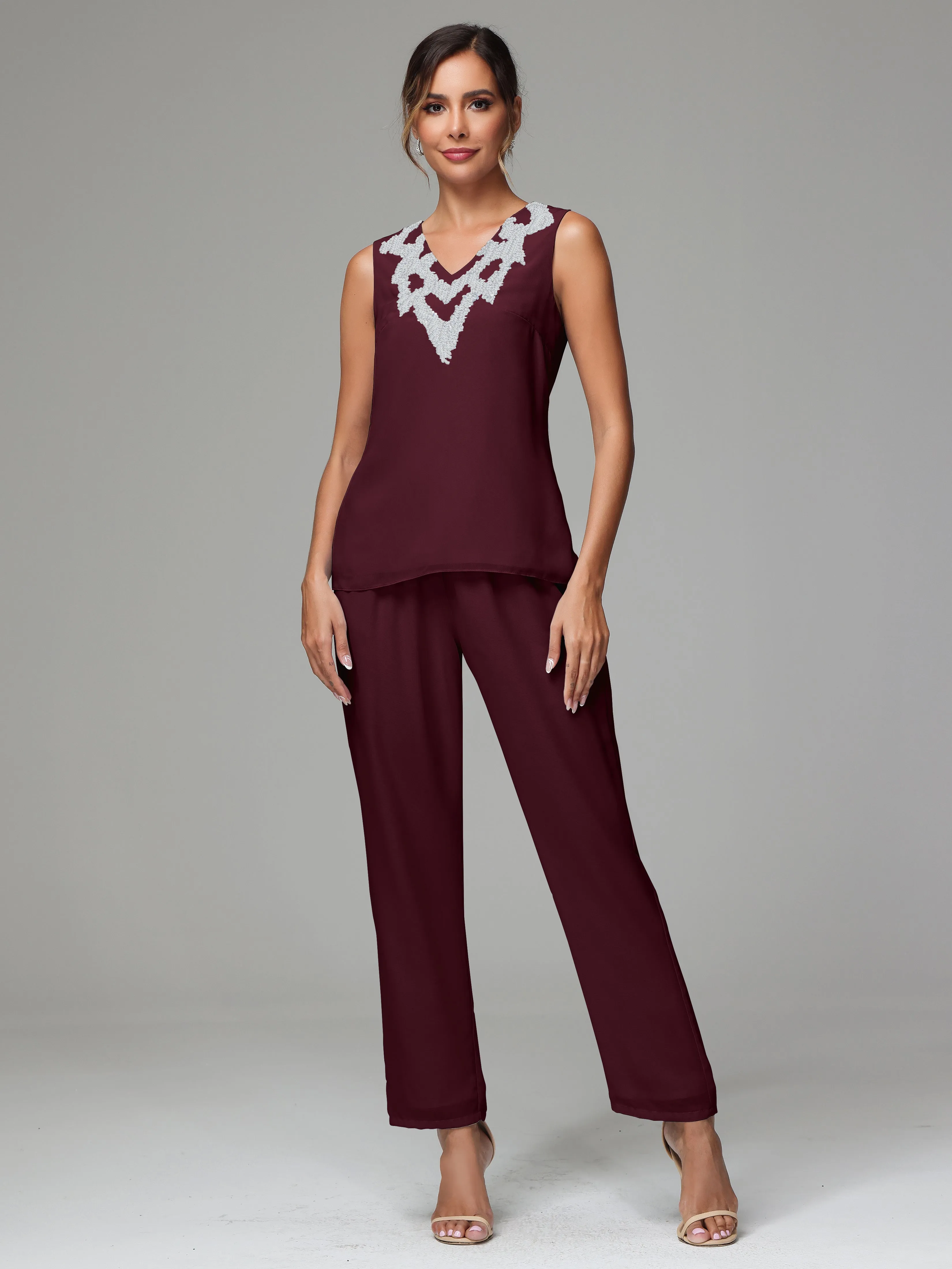 3 Pieces Long Sleeve Sequin Flutter Chiffon Mother of  Groom Dress Pant Suits