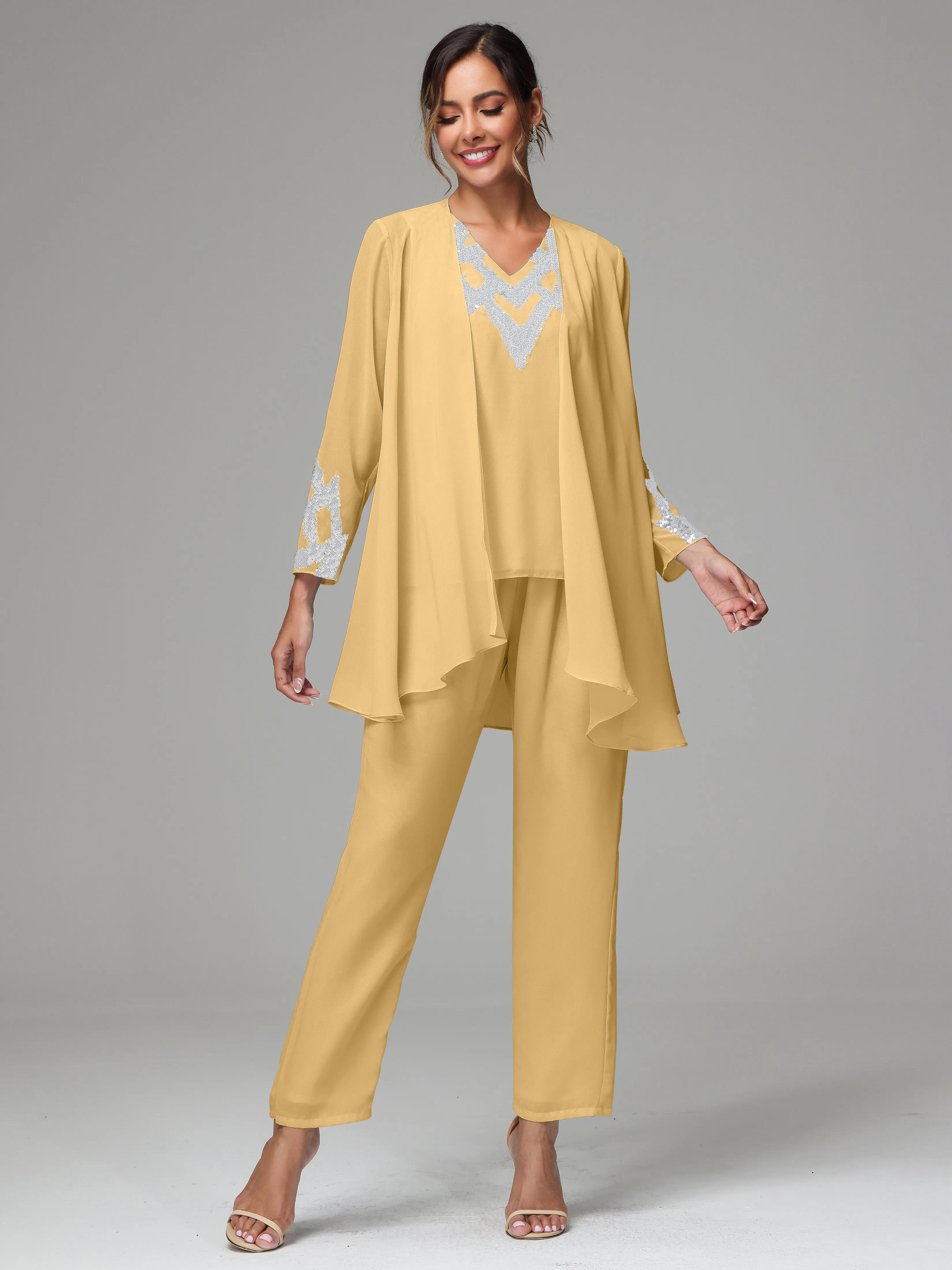 3 Pieces Long Sleeve Sequin Flutter Chiffon Mother of  Groom Dress Pant Suits