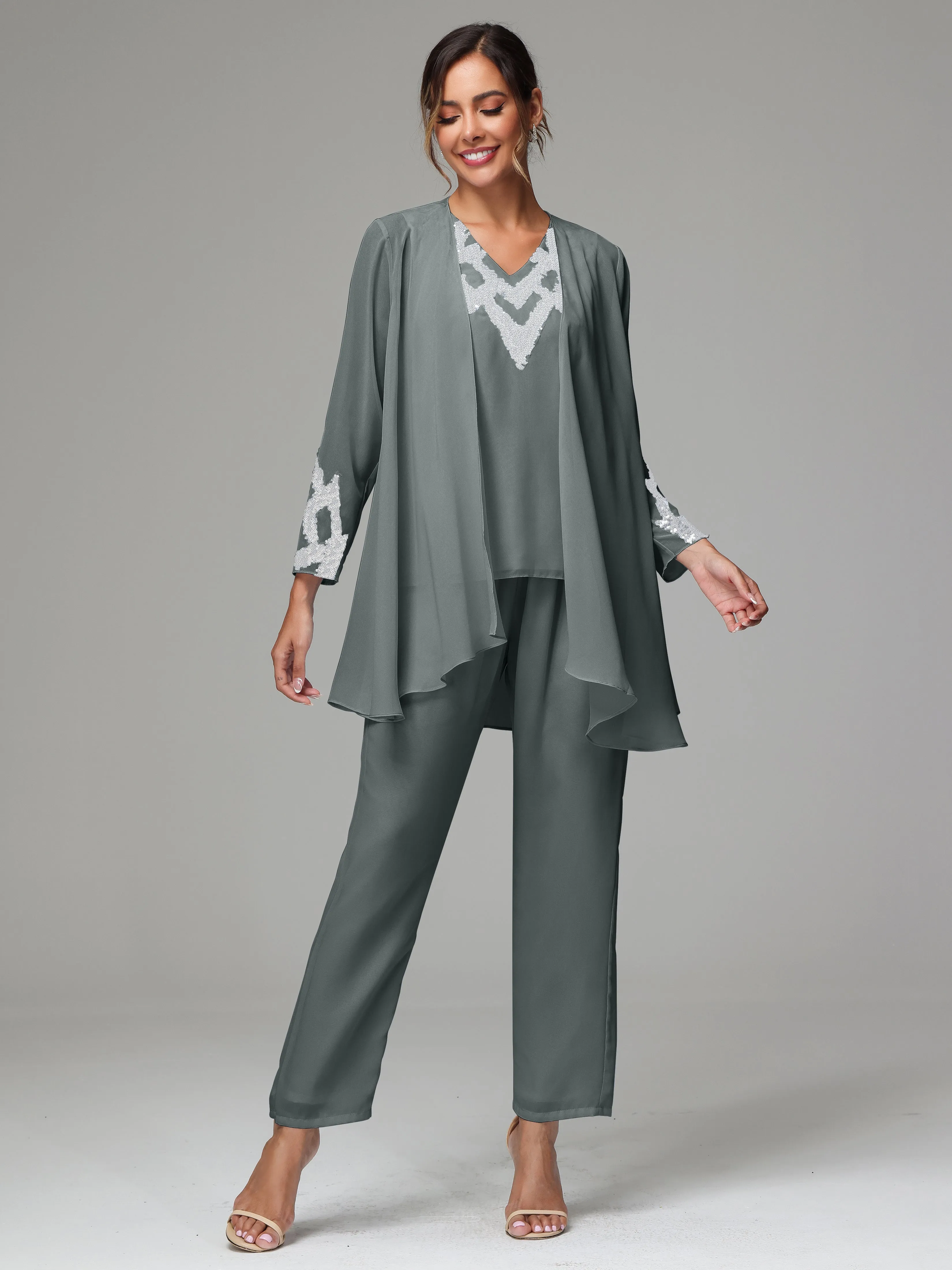3 Pieces Long Sleeve Sequin Flutter Chiffon Mother of  Groom Dress Pant Suits