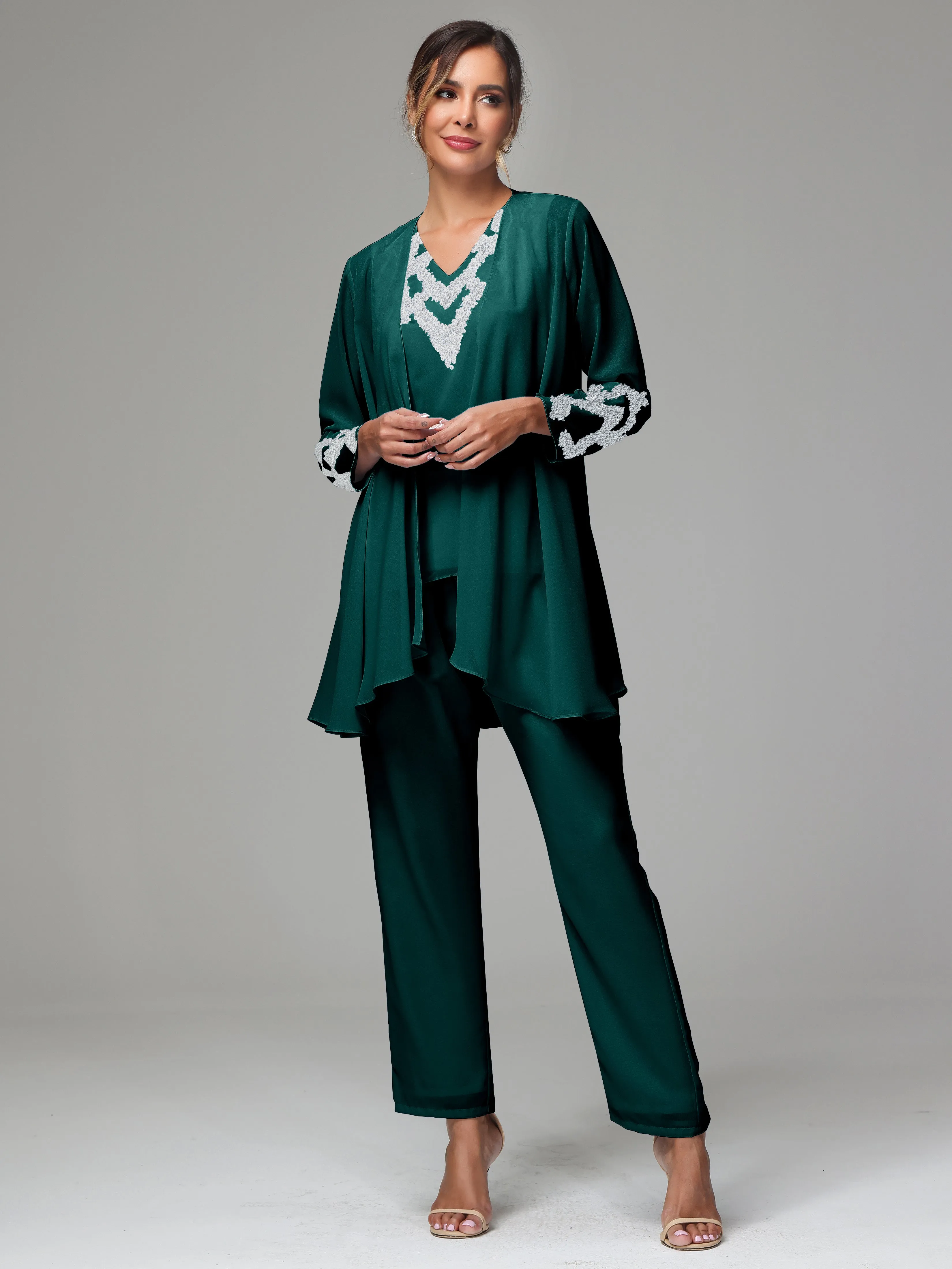 3 Pieces Long Sleeve Sequin Flutter Chiffon Mother of  Groom Dress Pant Suits