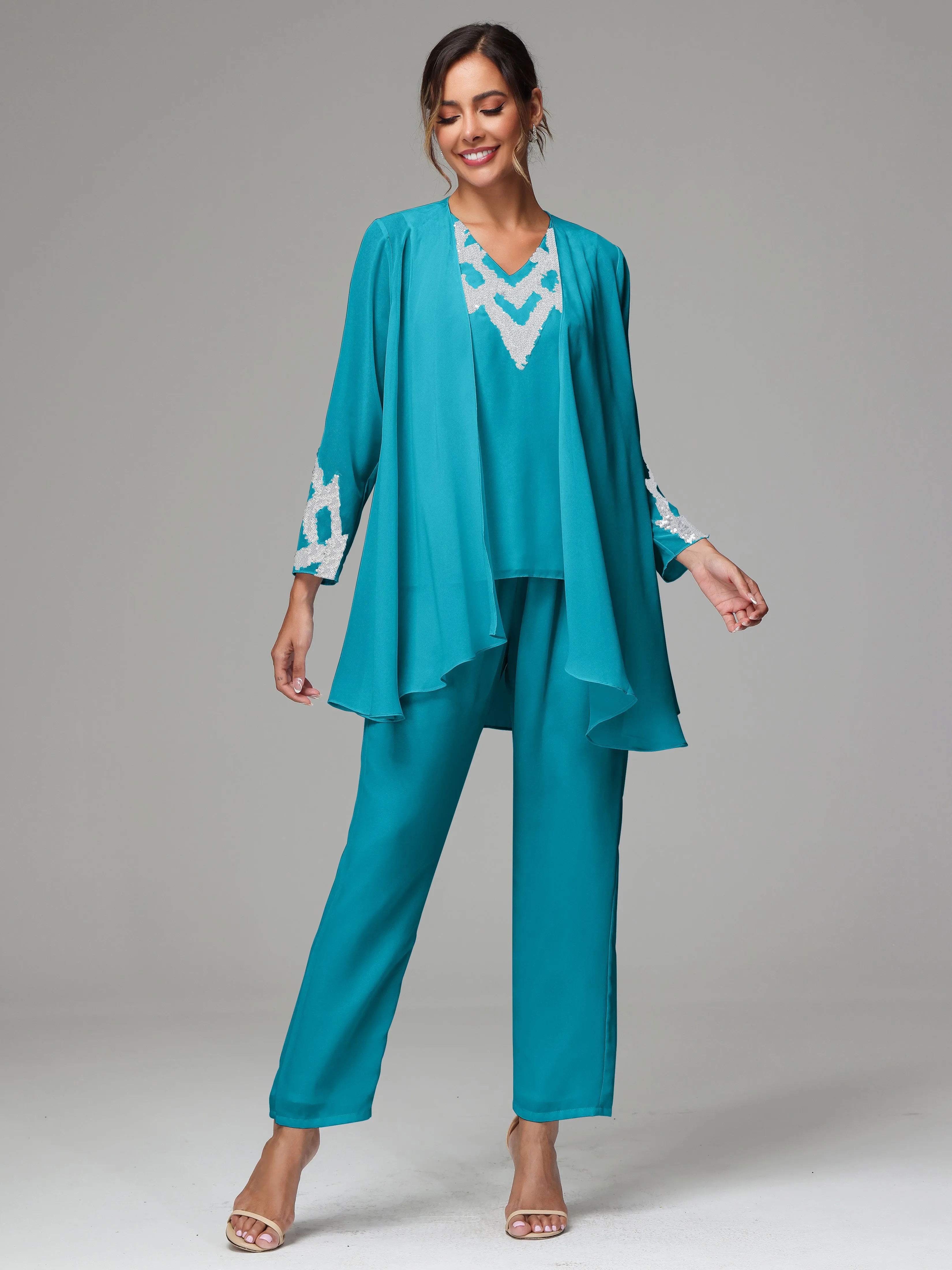 3 Pieces Long Sleeve Sequin Flutter Chiffon Mother of  Groom Dress Pant Suits