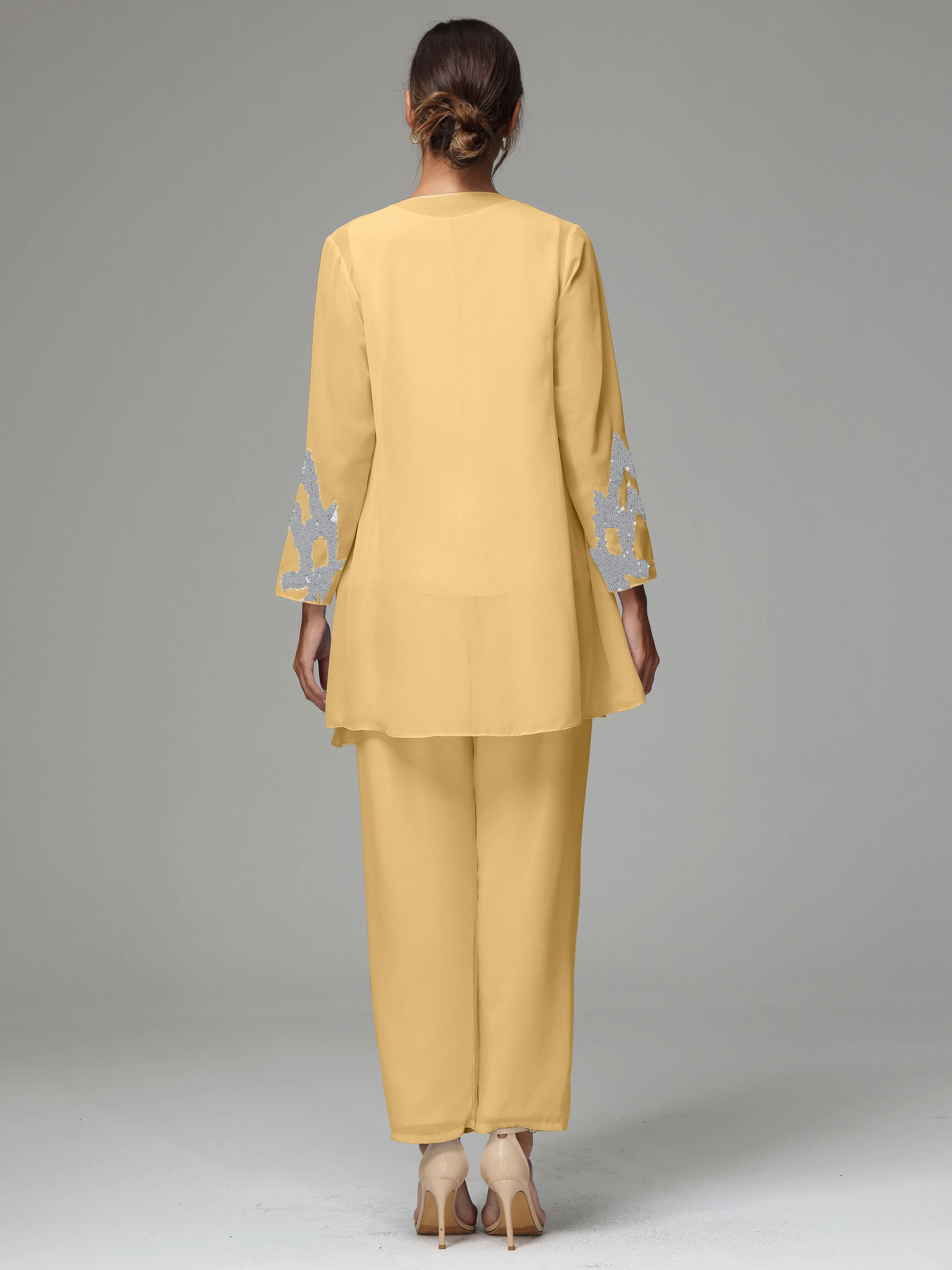 3 Pieces Long Sleeve Sequin Flutter Chiffon Mother of  Groom Dress Pant Suits