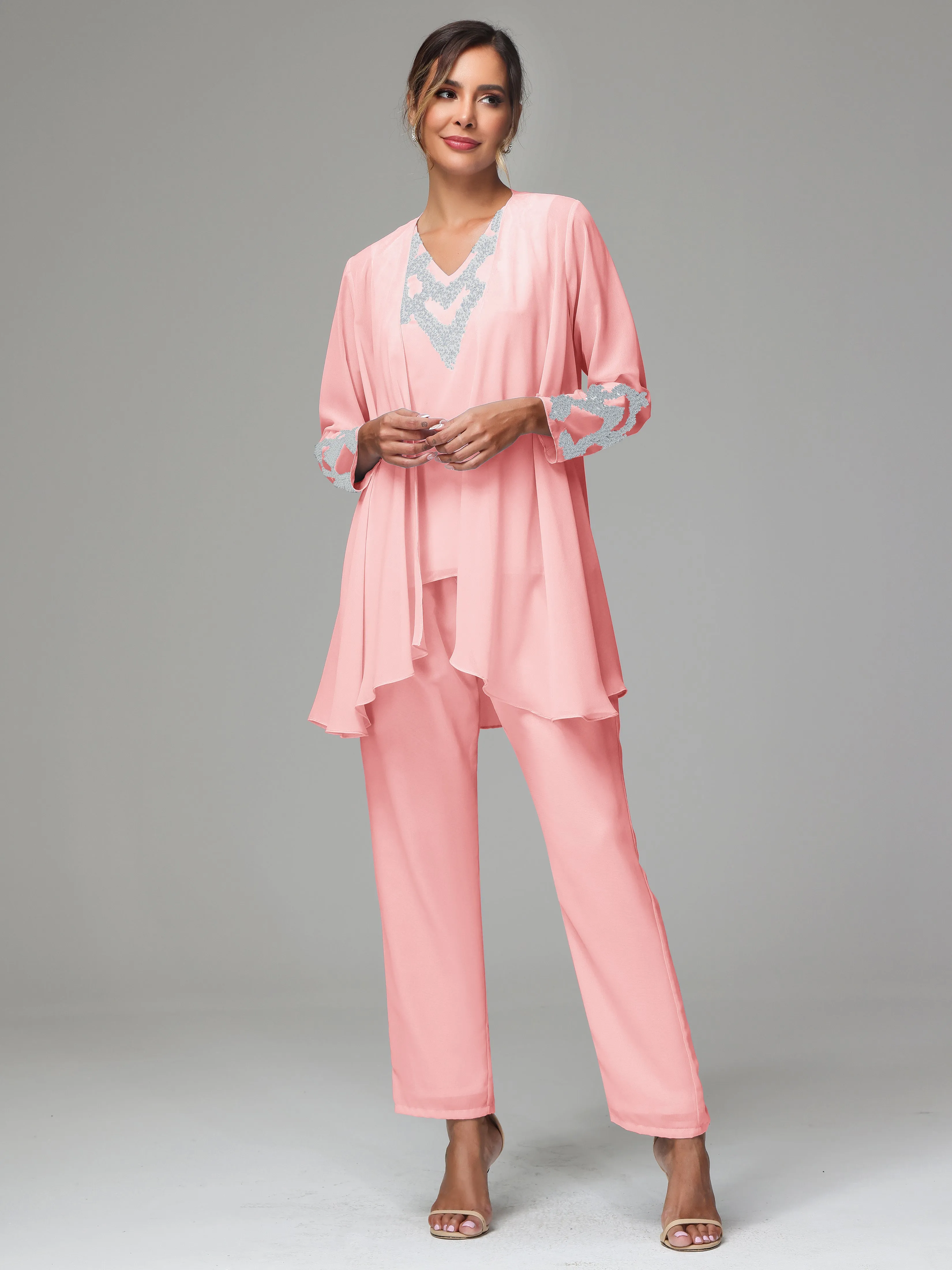 3 Pieces Long Sleeve Sequin Flutter Chiffon Mother of  Groom Dress Pant Suits