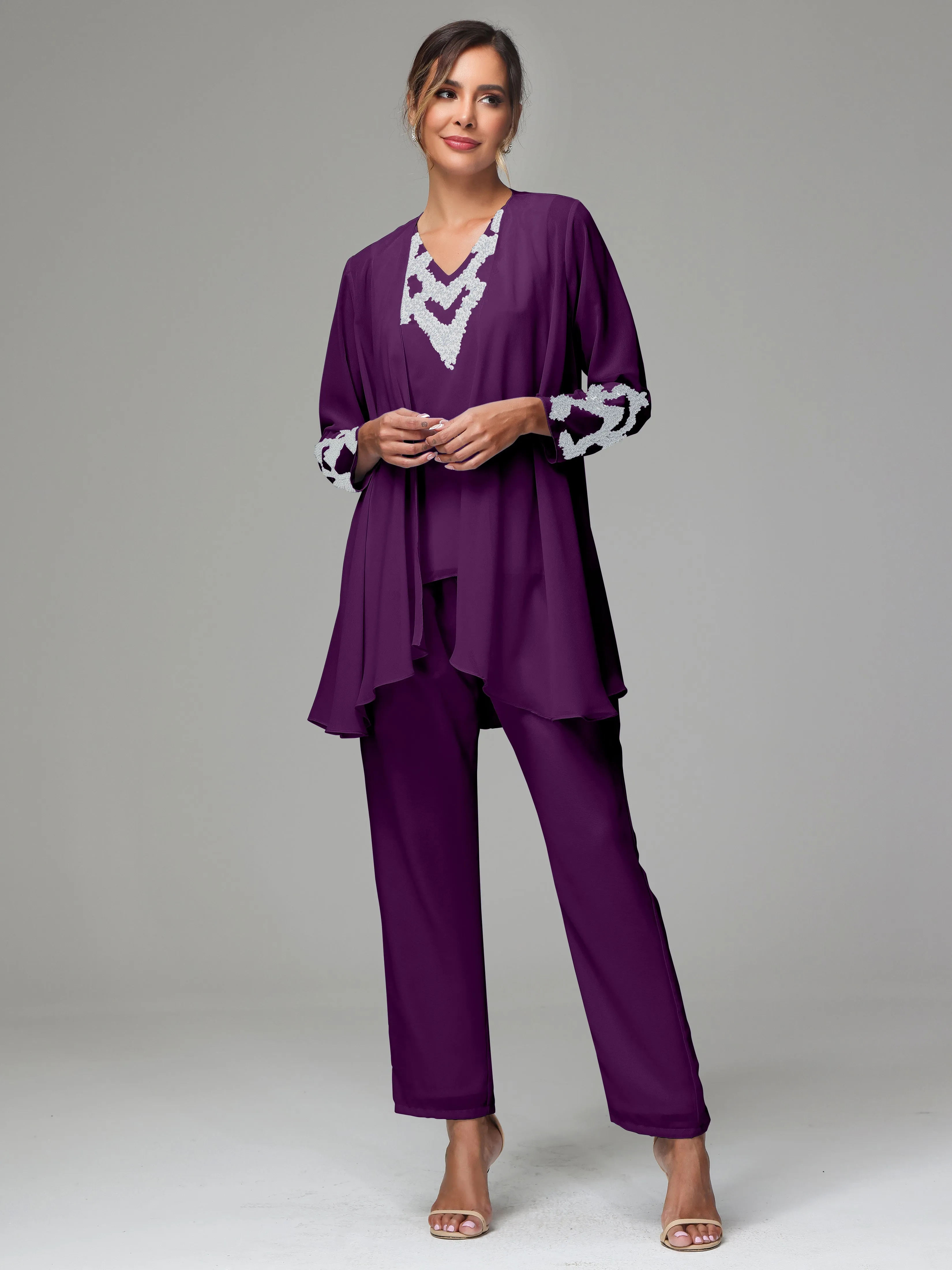 3 Pieces Long Sleeve Sequin Flutter Chiffon Mother of  Groom Dress Pant Suits