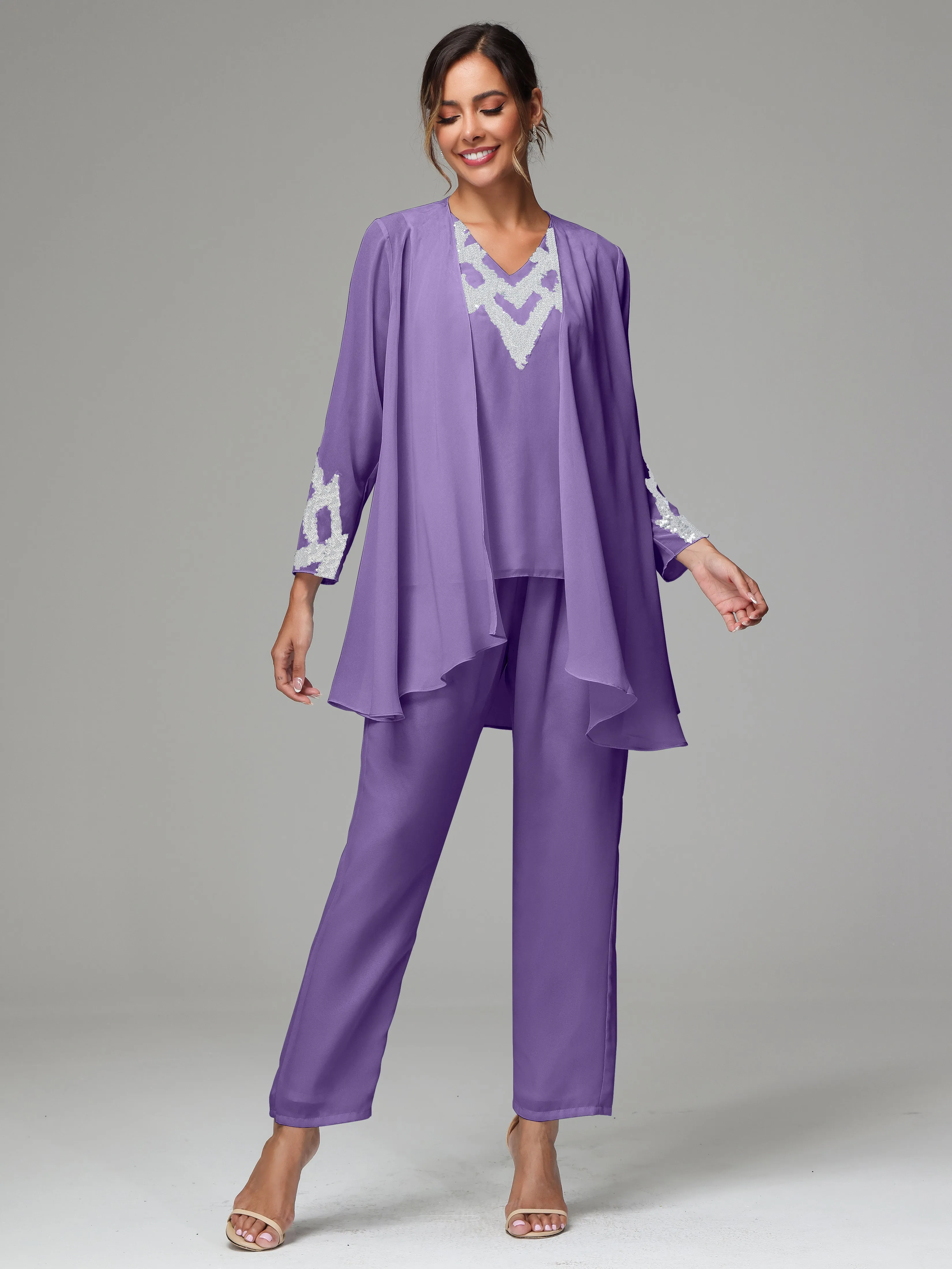 3 Pieces Long Sleeve Sequin Flutter Chiffon Mother of  Groom Dress Pant Suits