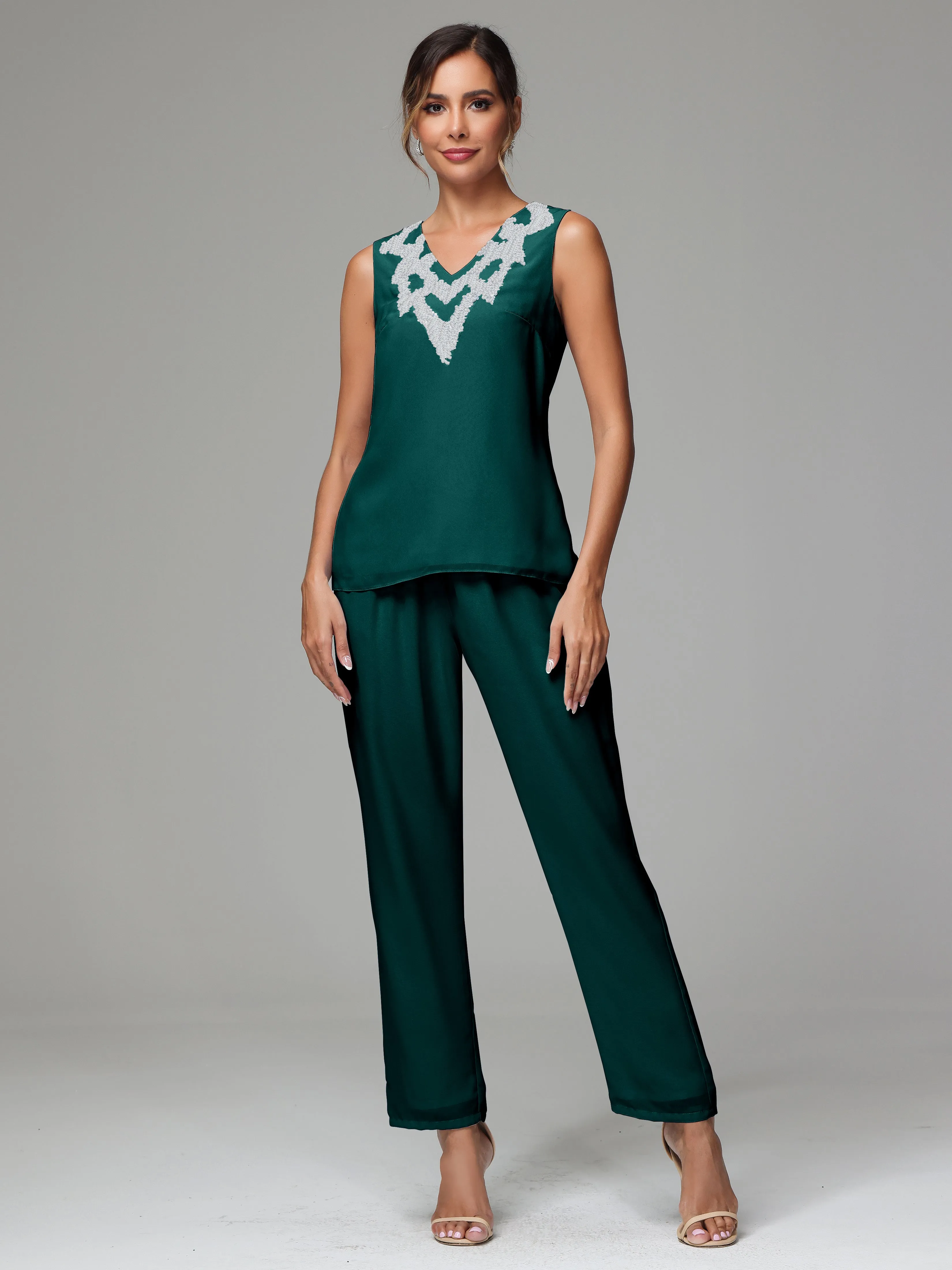 3 Pieces Long Sleeve Sequin Flutter Chiffon Mother of  Groom Dress Pant Suits