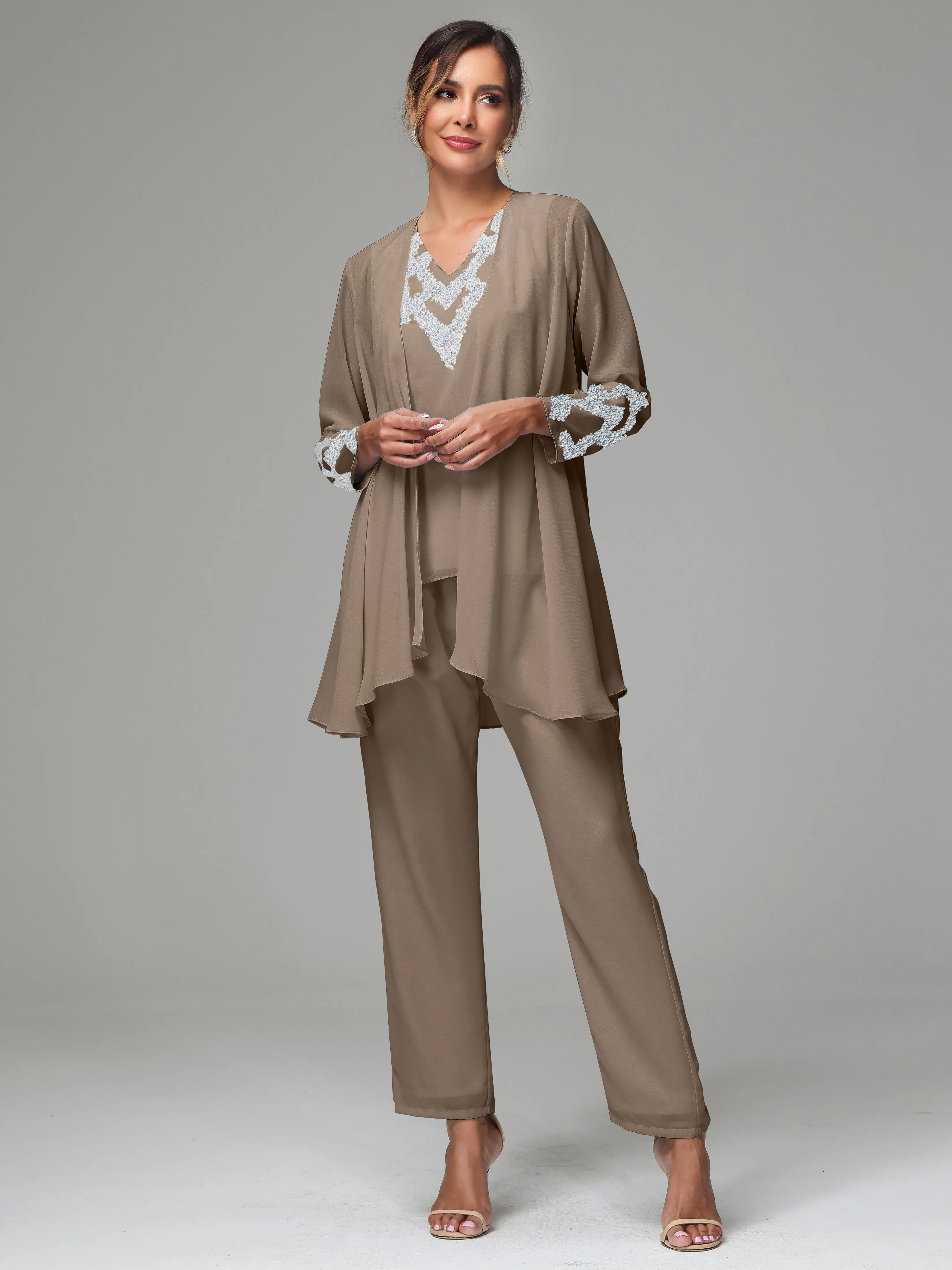 3 Pieces Long Sleeve Sequin Flutter Chiffon Mother of  Groom Dress Pant Suits