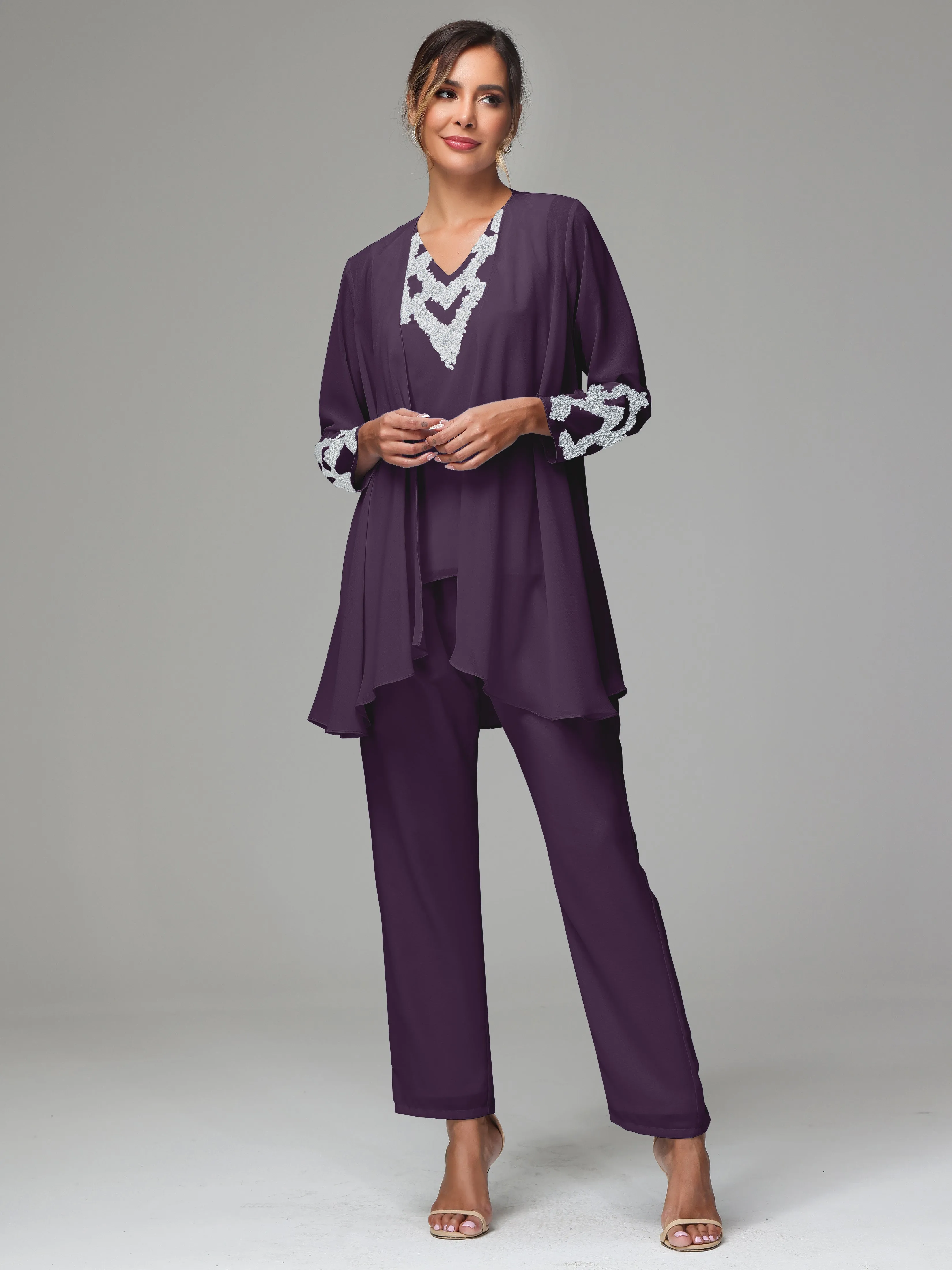 3 Pieces Long Sleeve Sequin Flutter Chiffon Mother of  Groom Dress Pant Suits