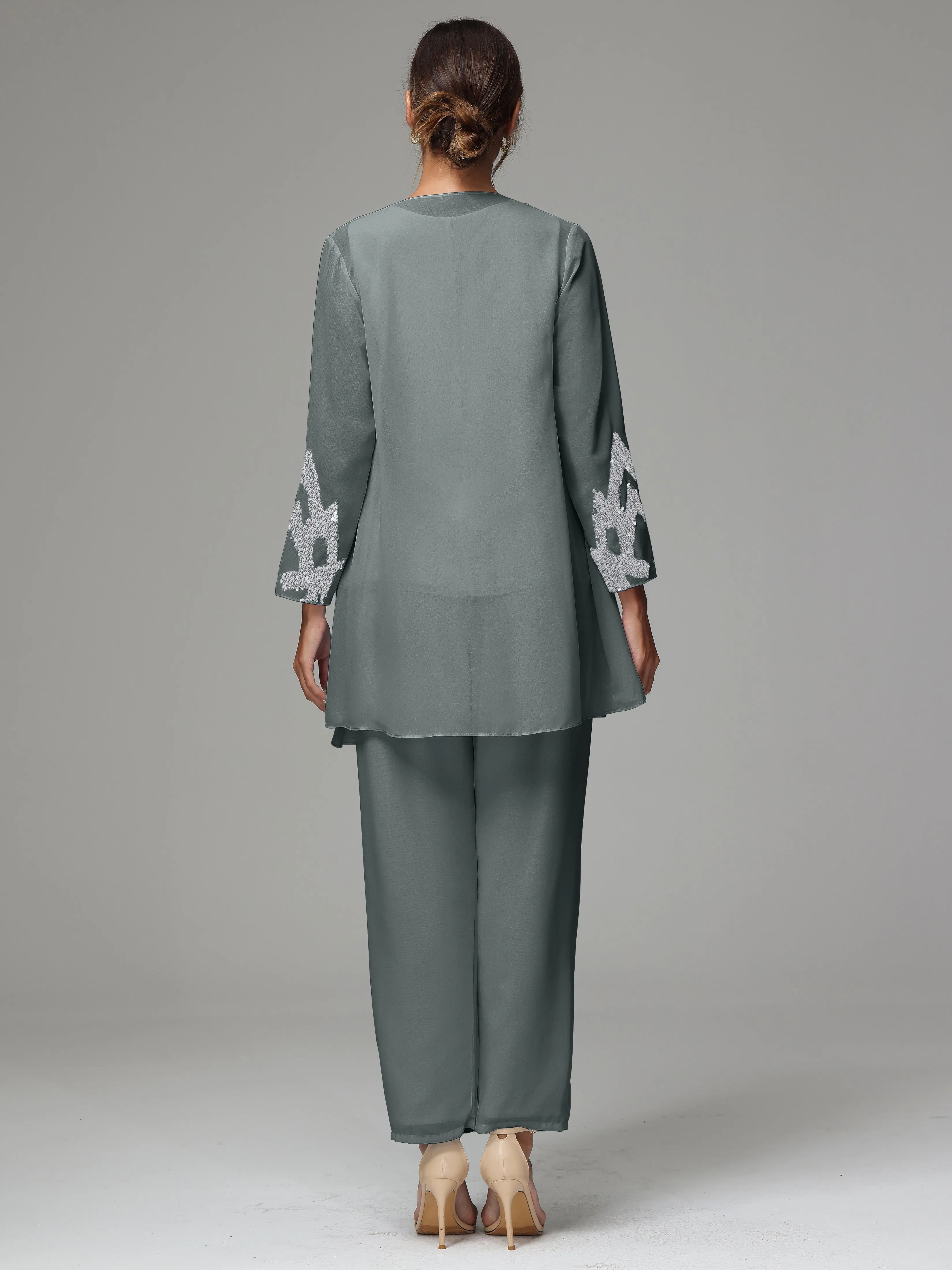 3 Pieces Long Sleeve Sequin Flutter Chiffon Mother of  Groom Dress Pant Suits