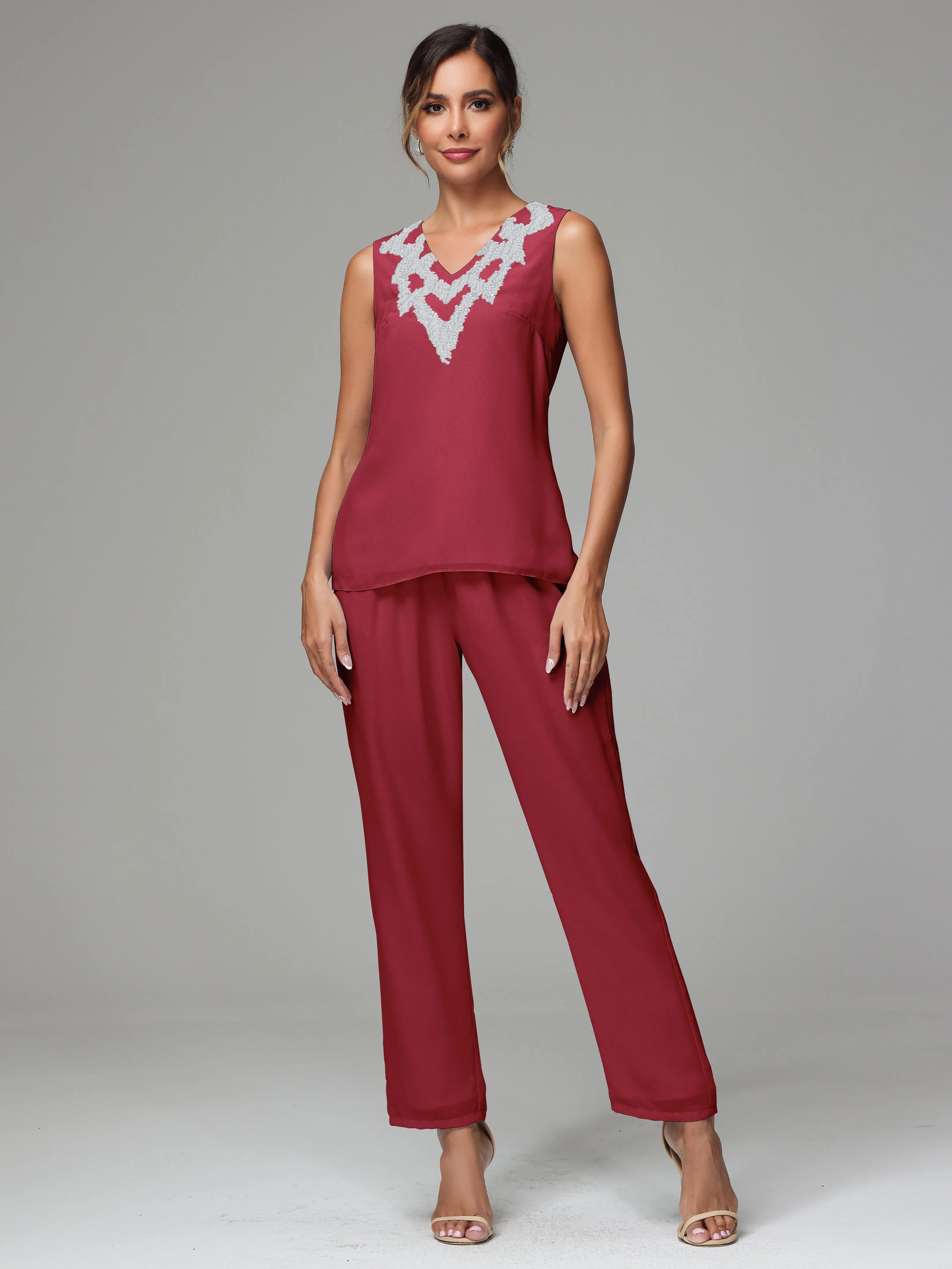 3 Pieces Long Sleeve Sequin Flutter Chiffon Mother of  Groom Dress Pant Suits