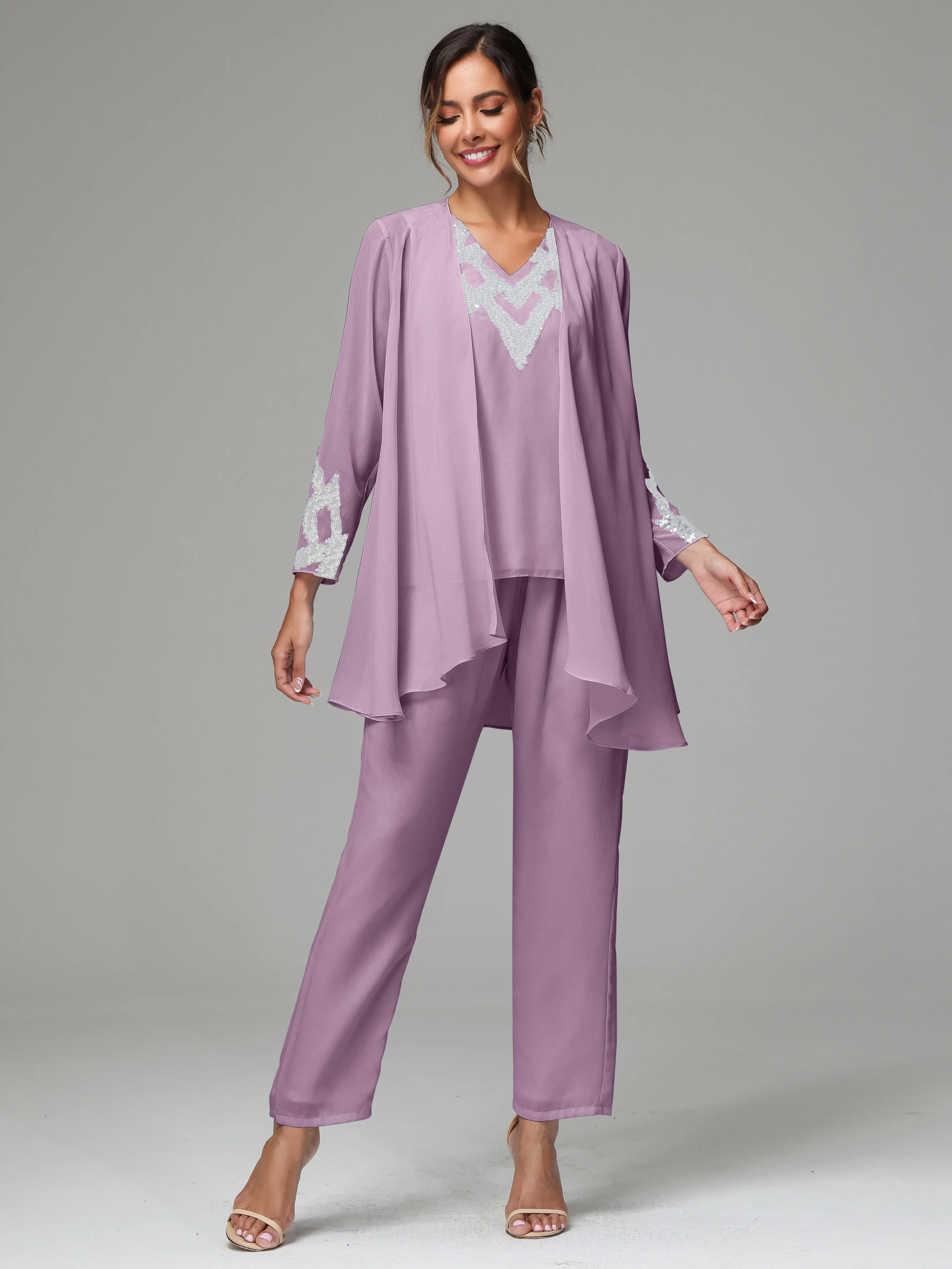 3 Pieces Long Sleeve Sequin Flutter Chiffon Mother of  Groom Dress Pant Suits