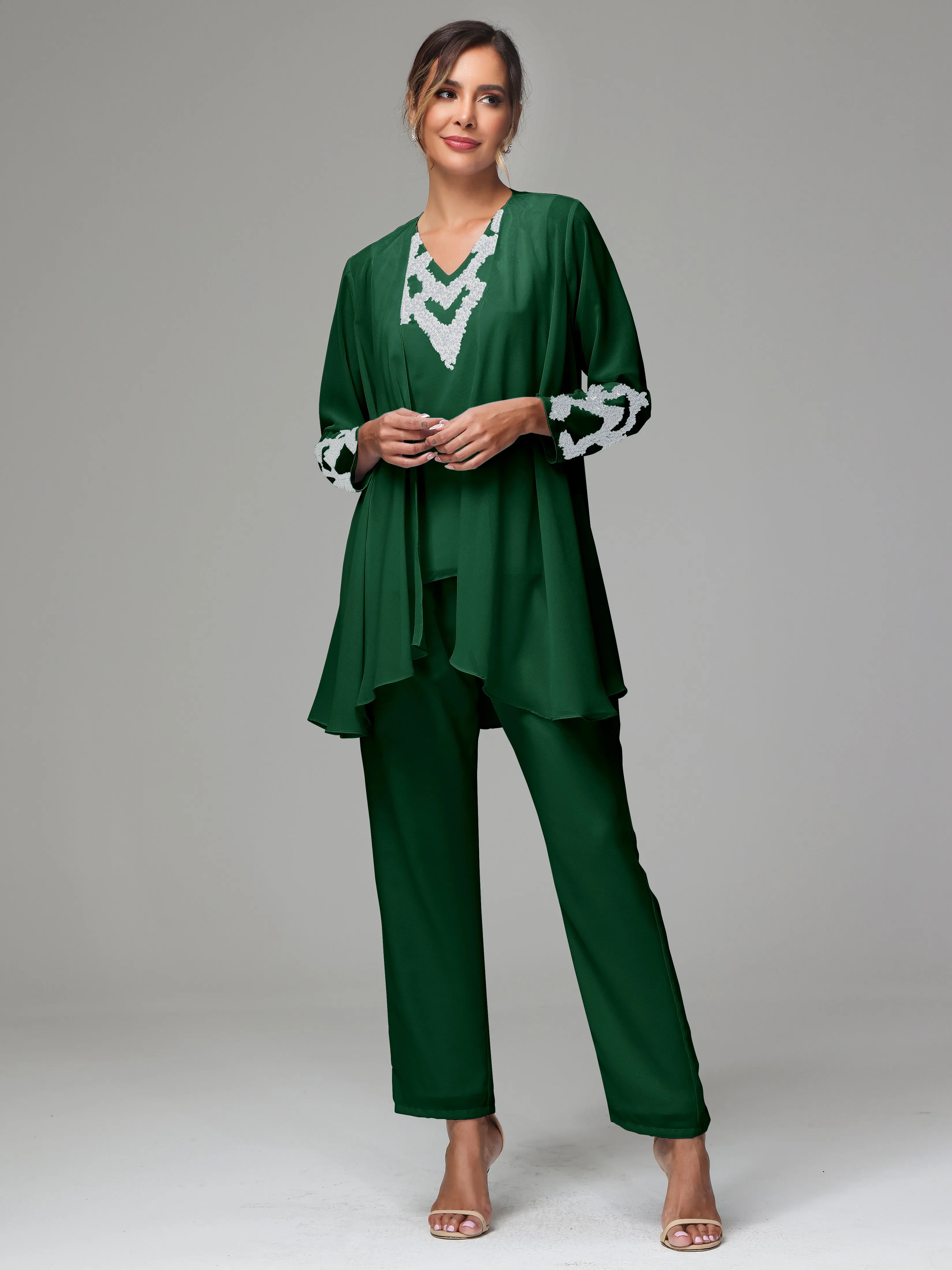 3 Pieces Long Sleeve Sequin Flutter Chiffon Mother of  Groom Dress Pant Suits