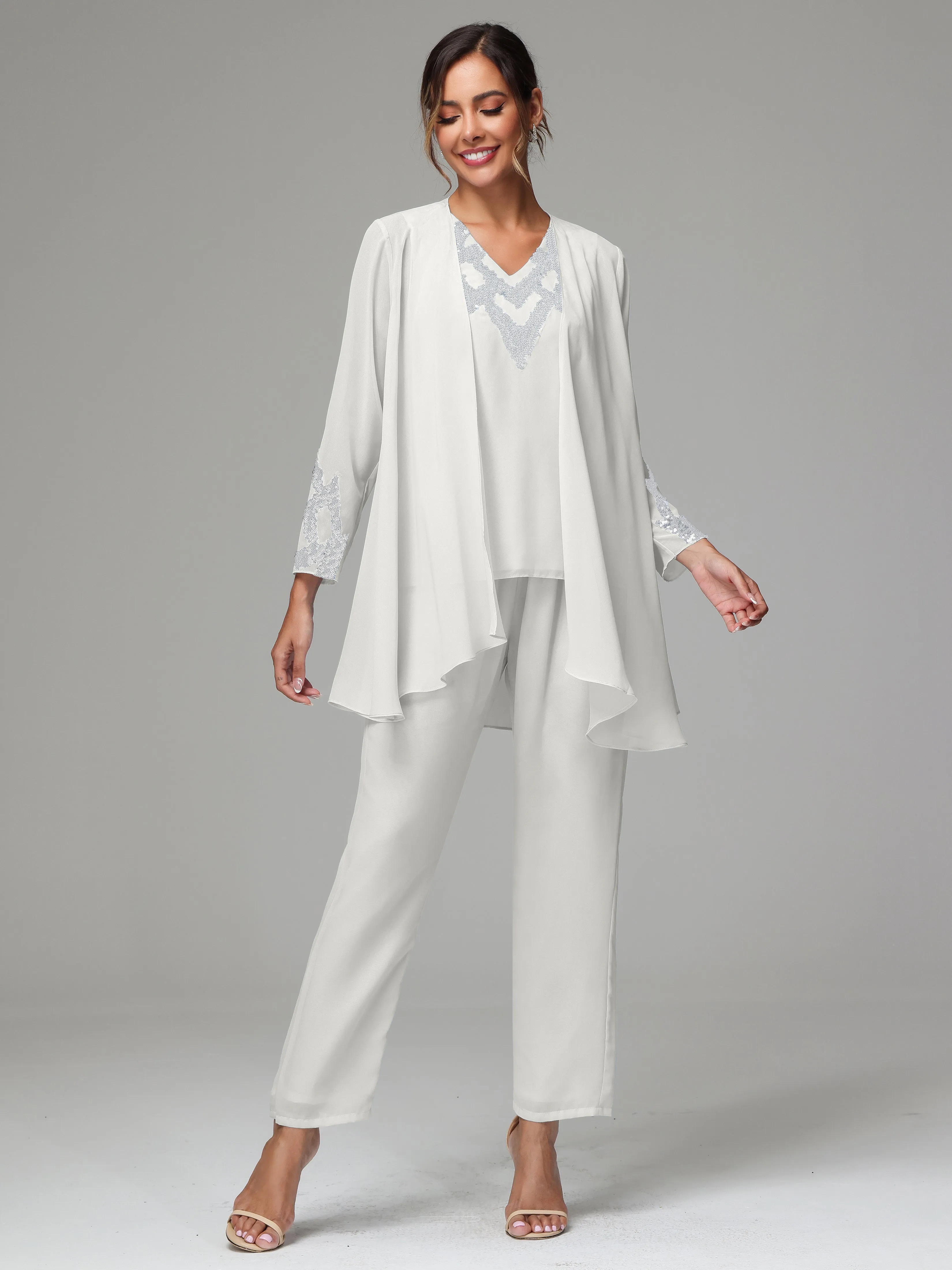 3 Pieces Long Sleeve Sequin Flutter Chiffon Mother of  Groom Dress Pant Suits