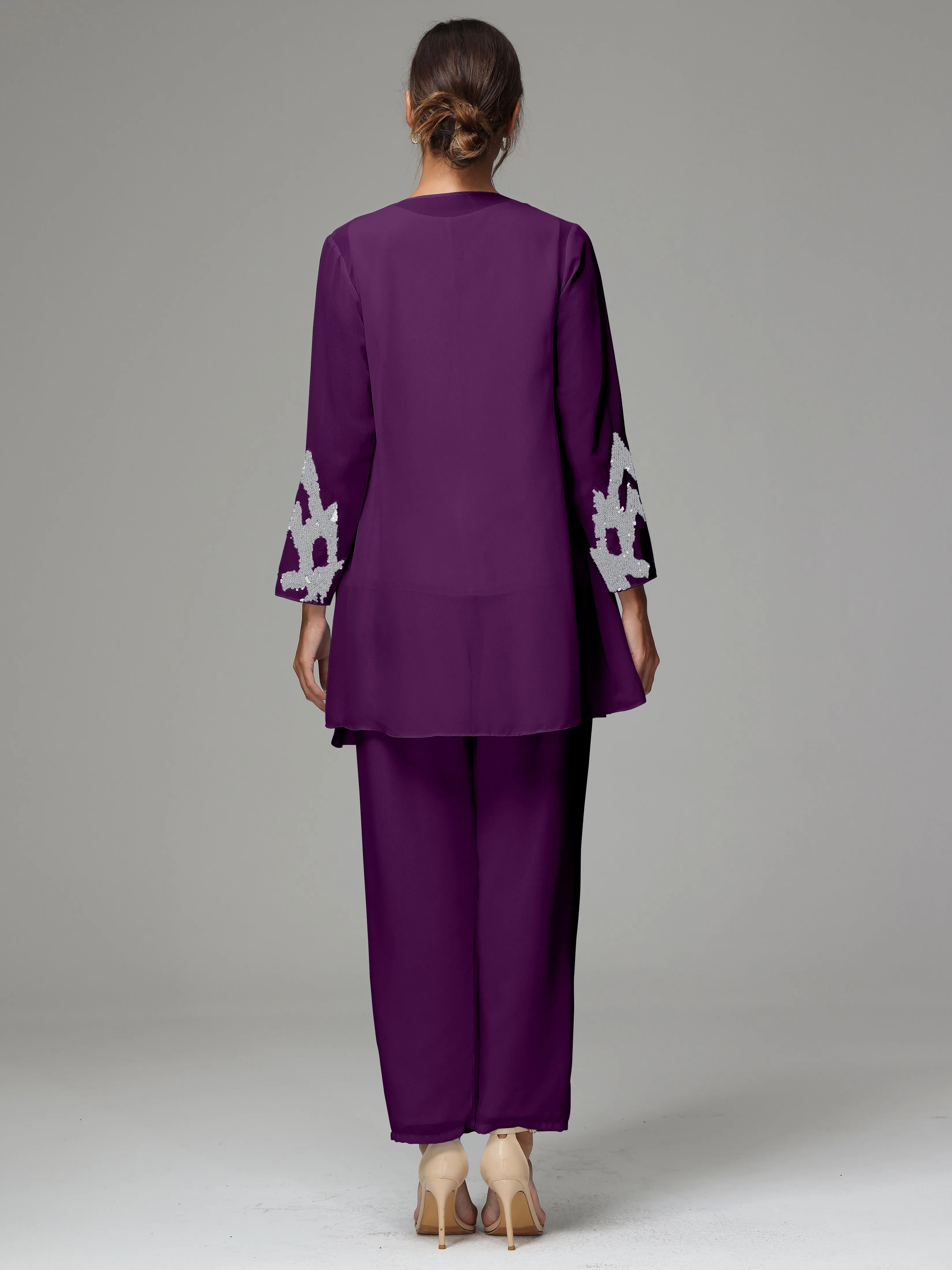 3 Pieces Long Sleeve Sequin Flutter Chiffon Mother of  Groom Dress Pant Suits