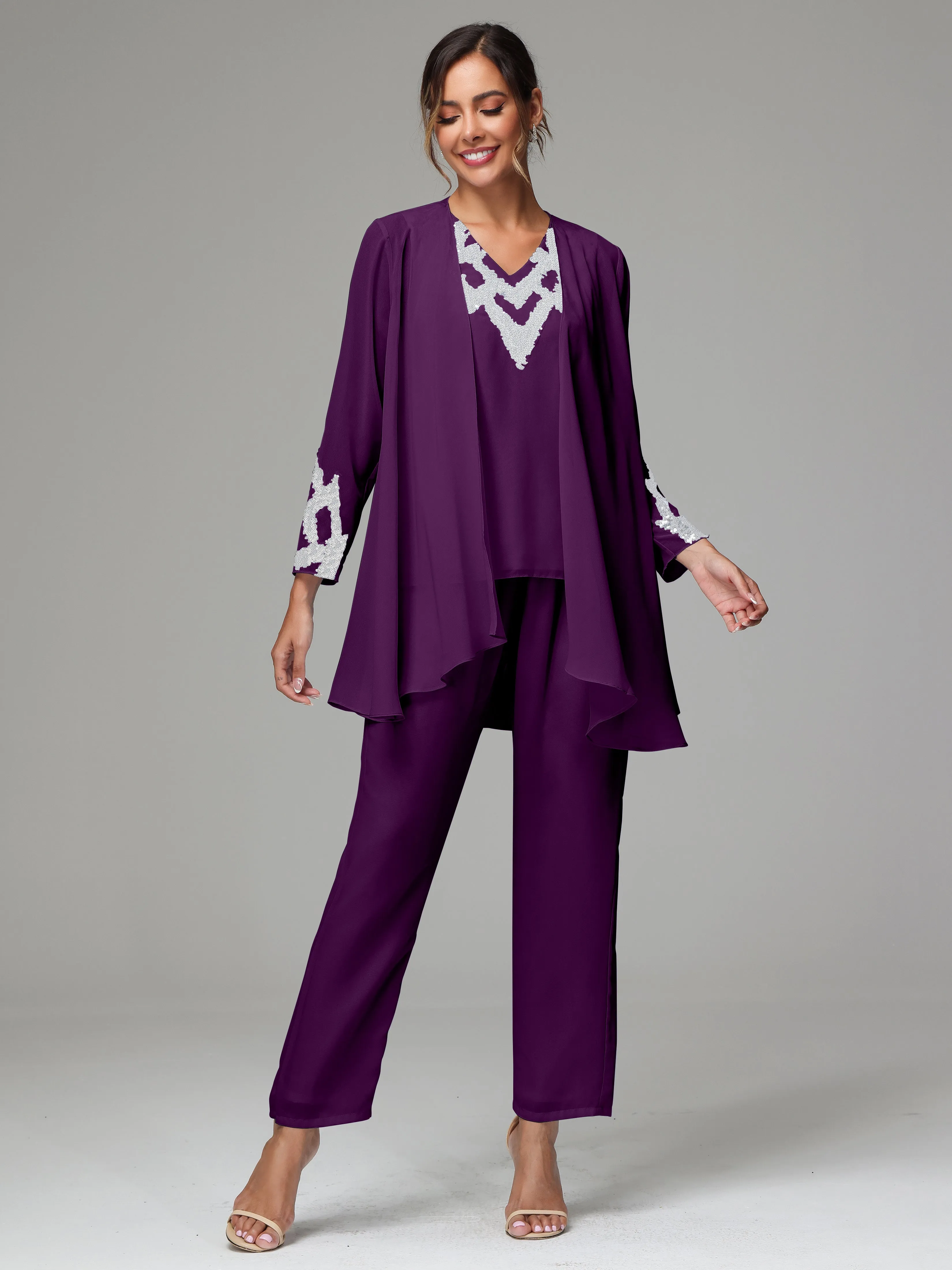 3 Pieces Long Sleeve Sequin Flutter Chiffon Mother of  Groom Dress Pant Suits