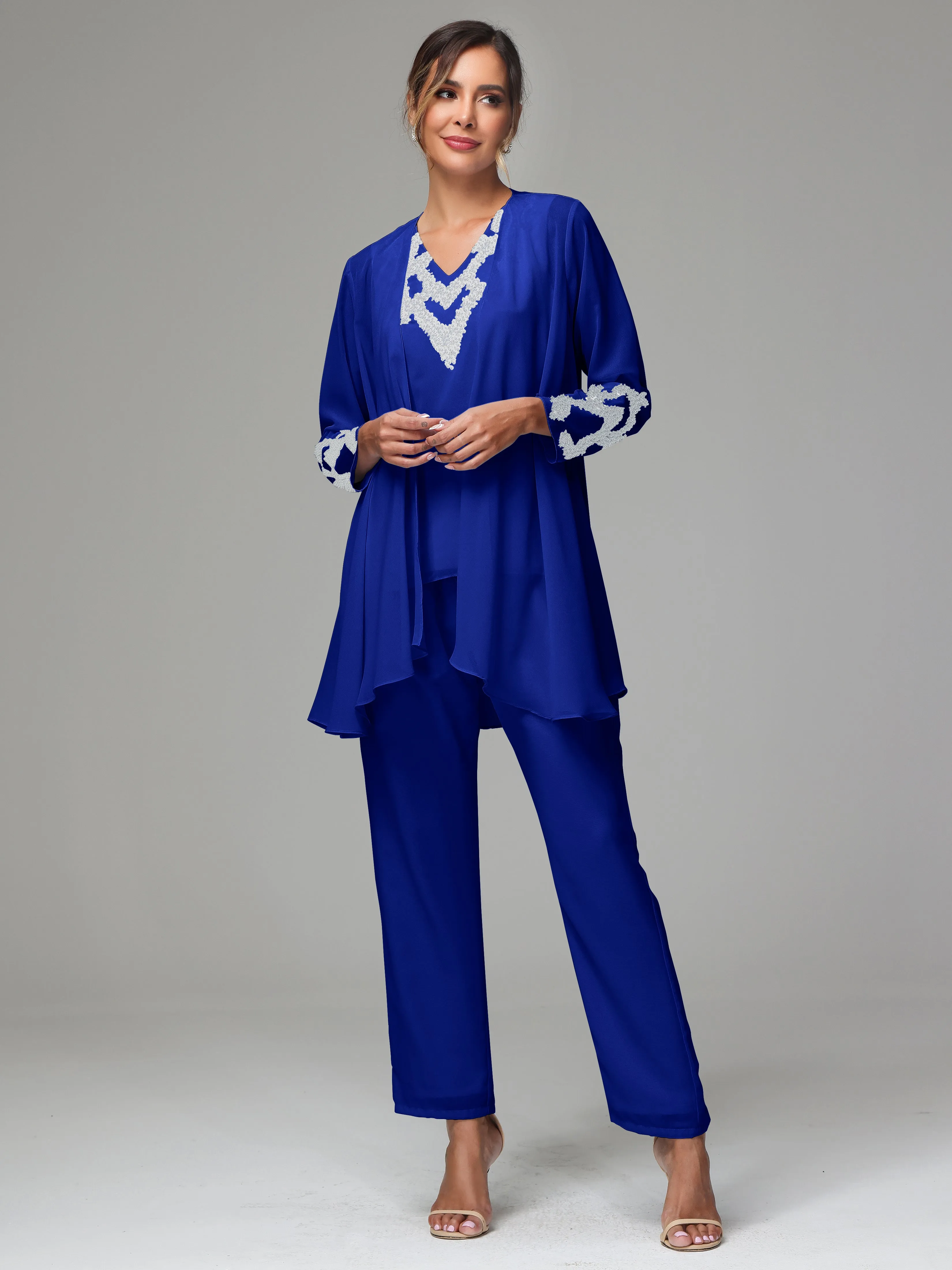 3 Pieces Long Sleeve Sequin Flutter Chiffon Mother of  Groom Dress Pant Suits