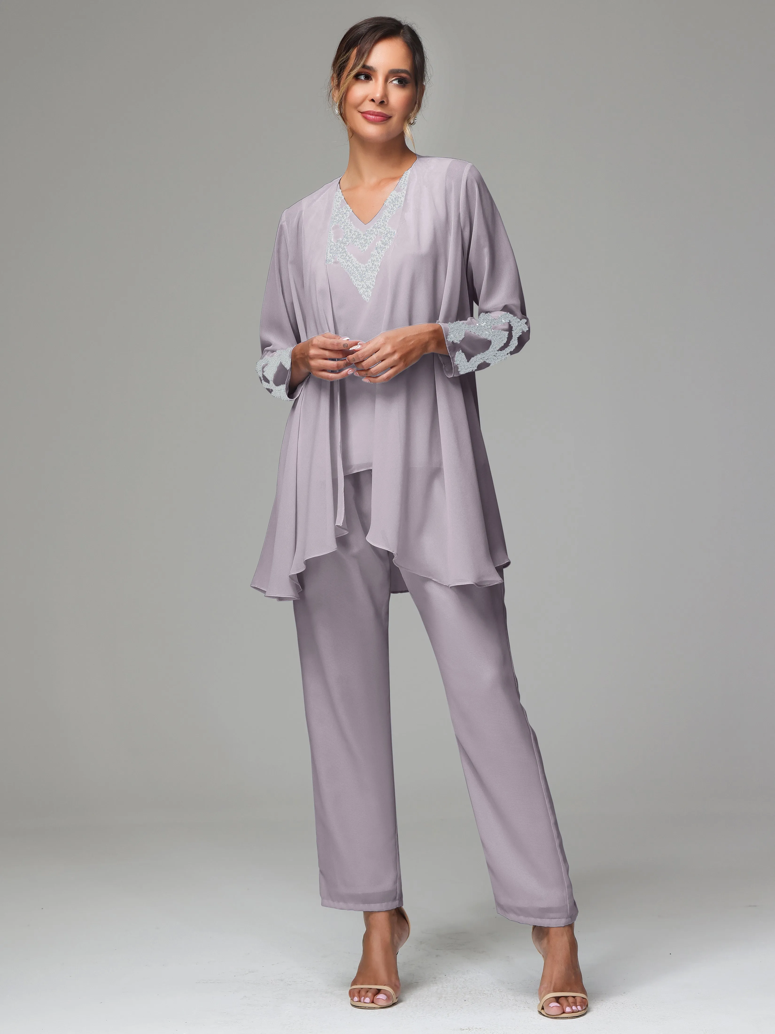 3 Pieces Long Sleeve Sequin Flutter Chiffon Mother of  Groom Dress Pant Suits