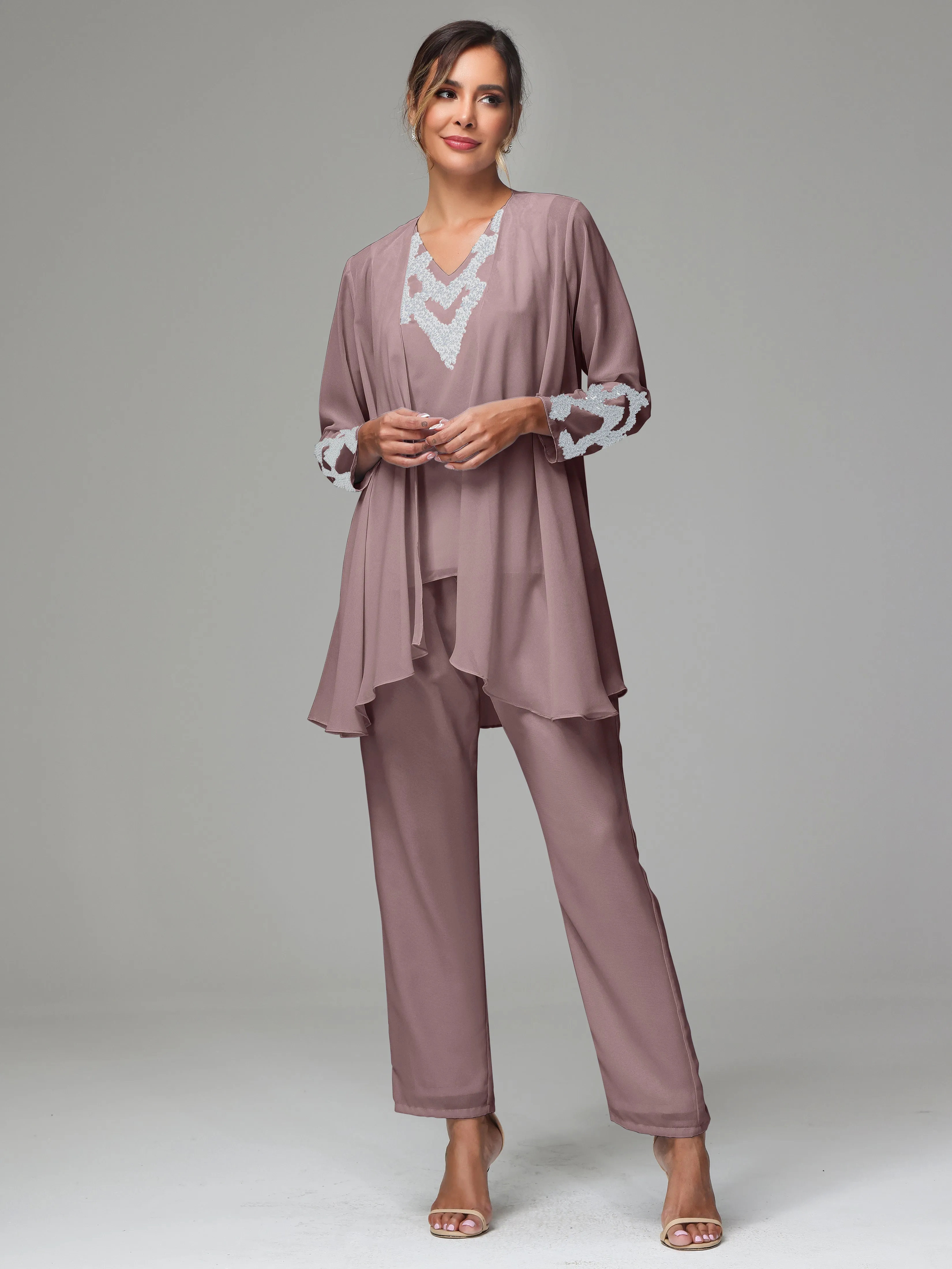 3 Pieces Long Sleeve Sequin Flutter Chiffon Mother of  Groom Dress Pant Suits