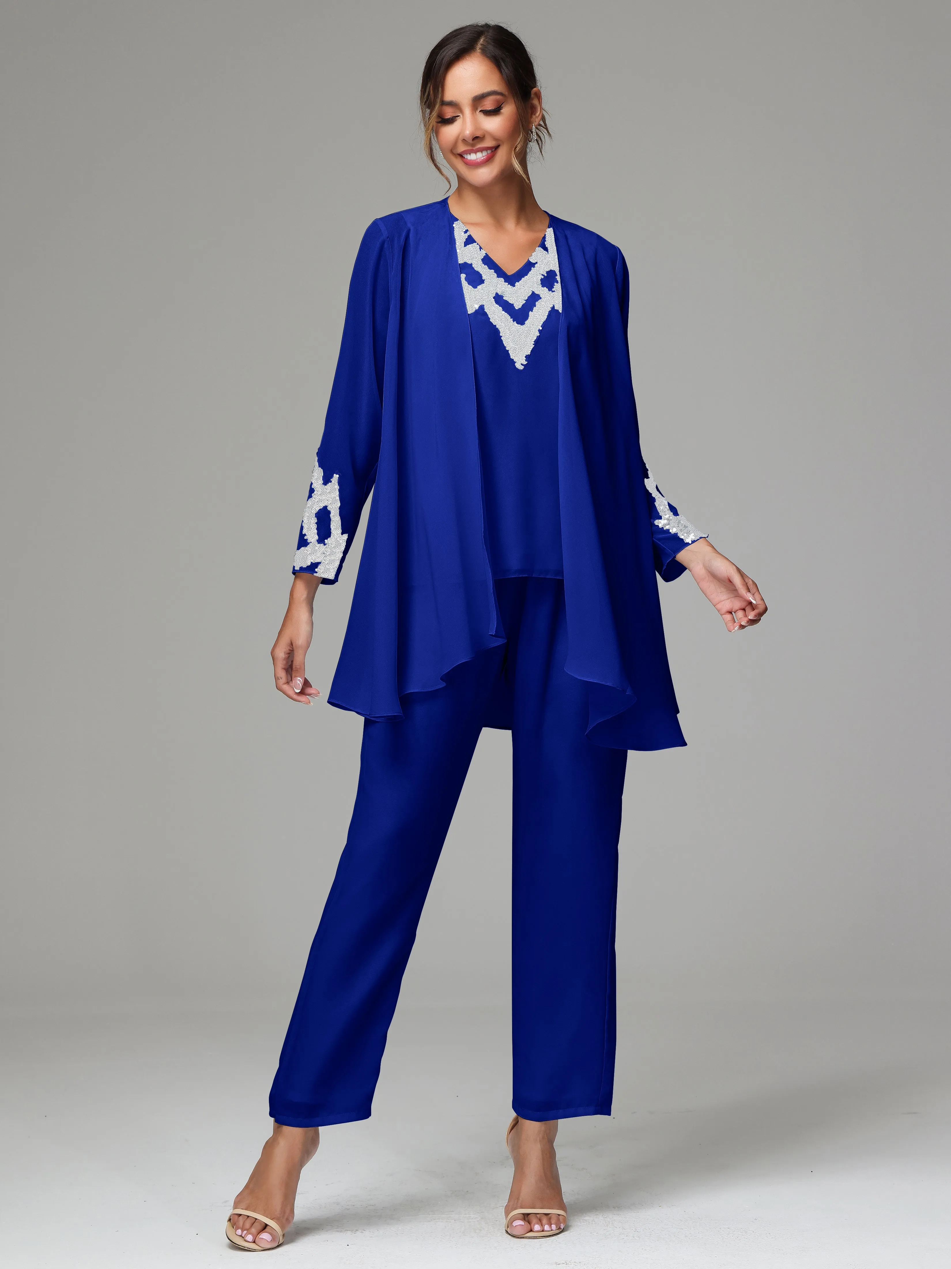 3 Pieces Long Sleeve Sequin Flutter Chiffon Mother of  Groom Dress Pant Suits