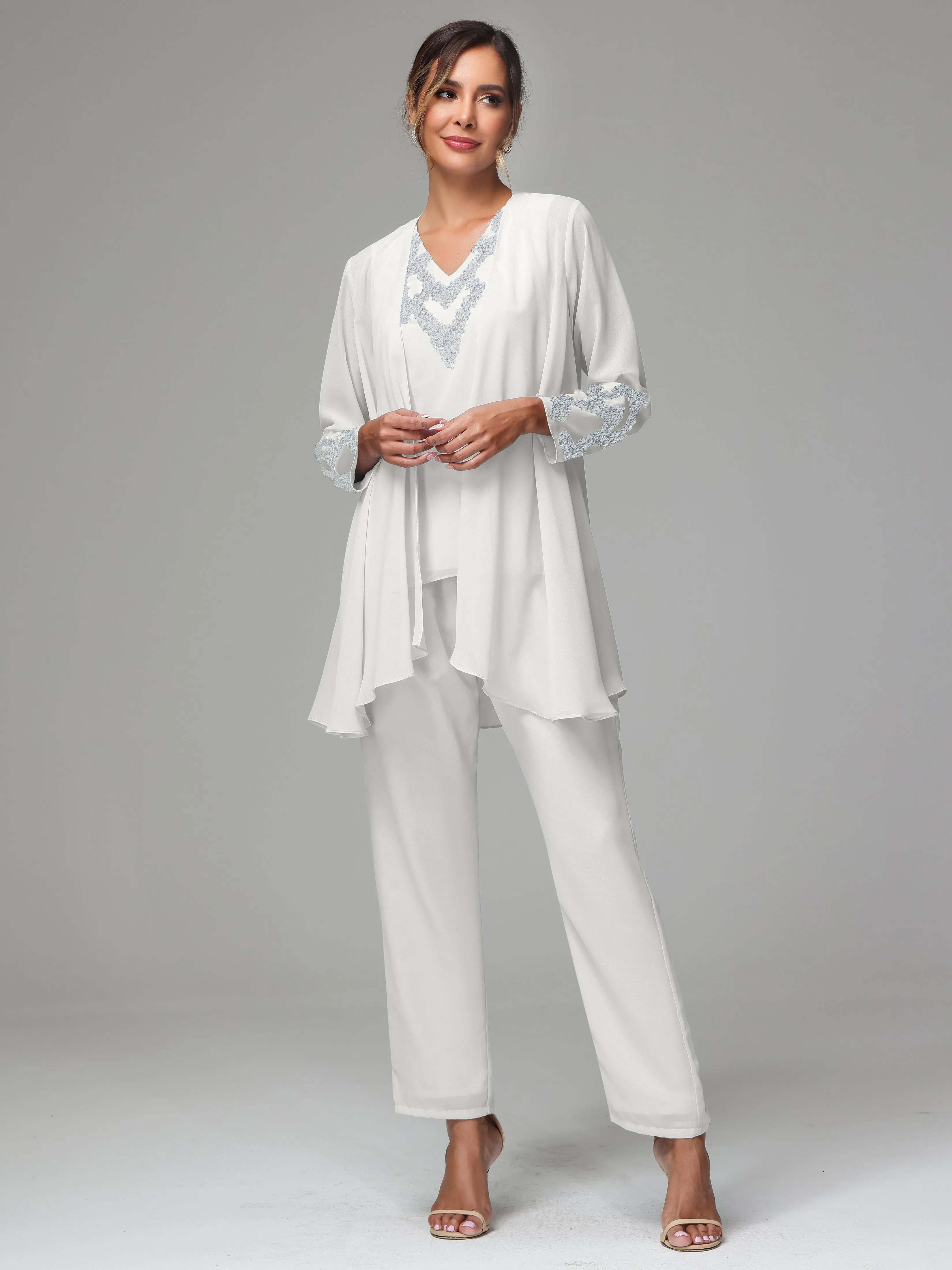 3 Pieces Long Sleeve Sequin Flutter Chiffon Mother of  Groom Dress Pant Suits