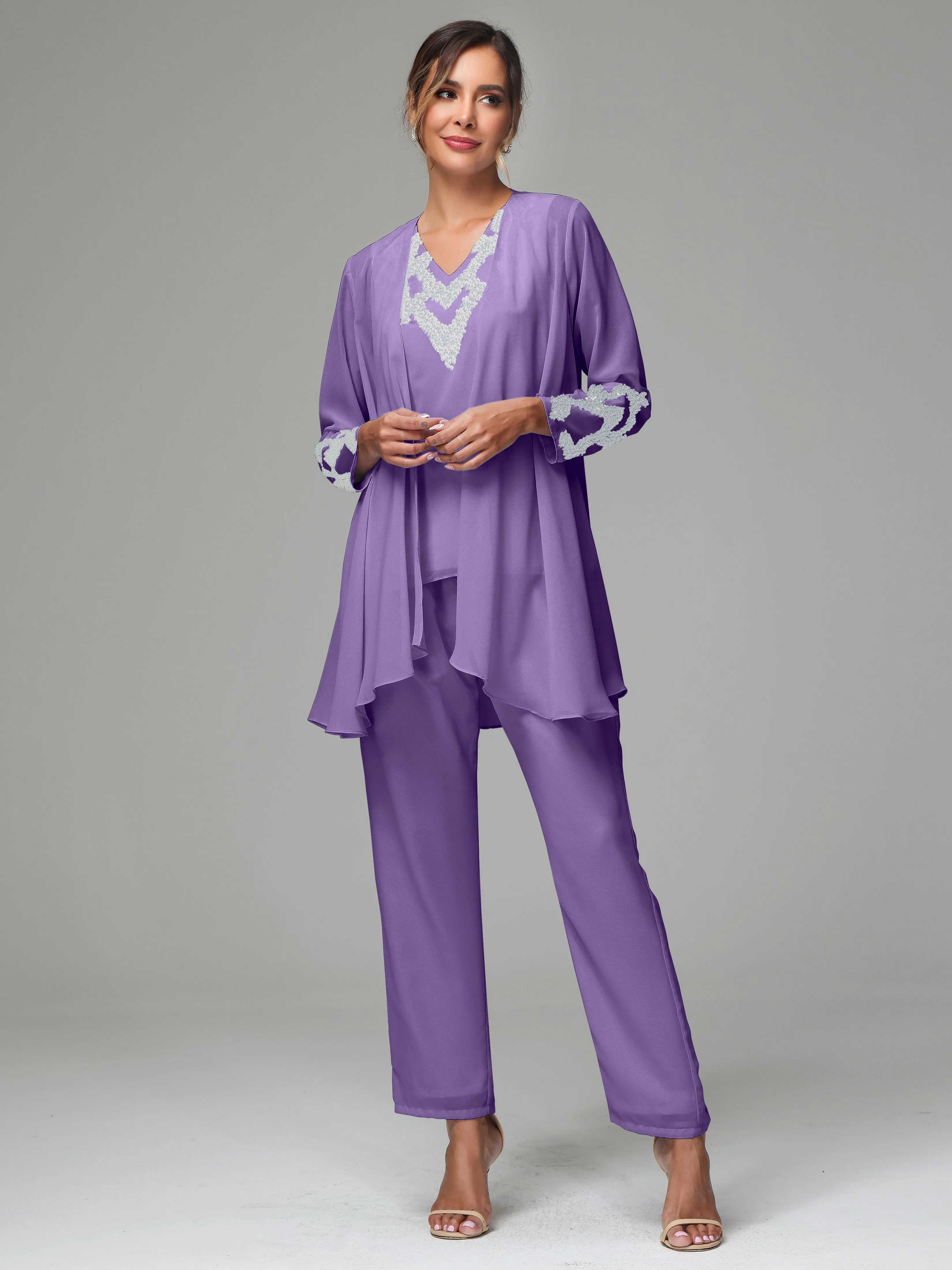 3 Pieces Long Sleeve Sequin Flutter Chiffon Mother of  Groom Dress Pant Suits