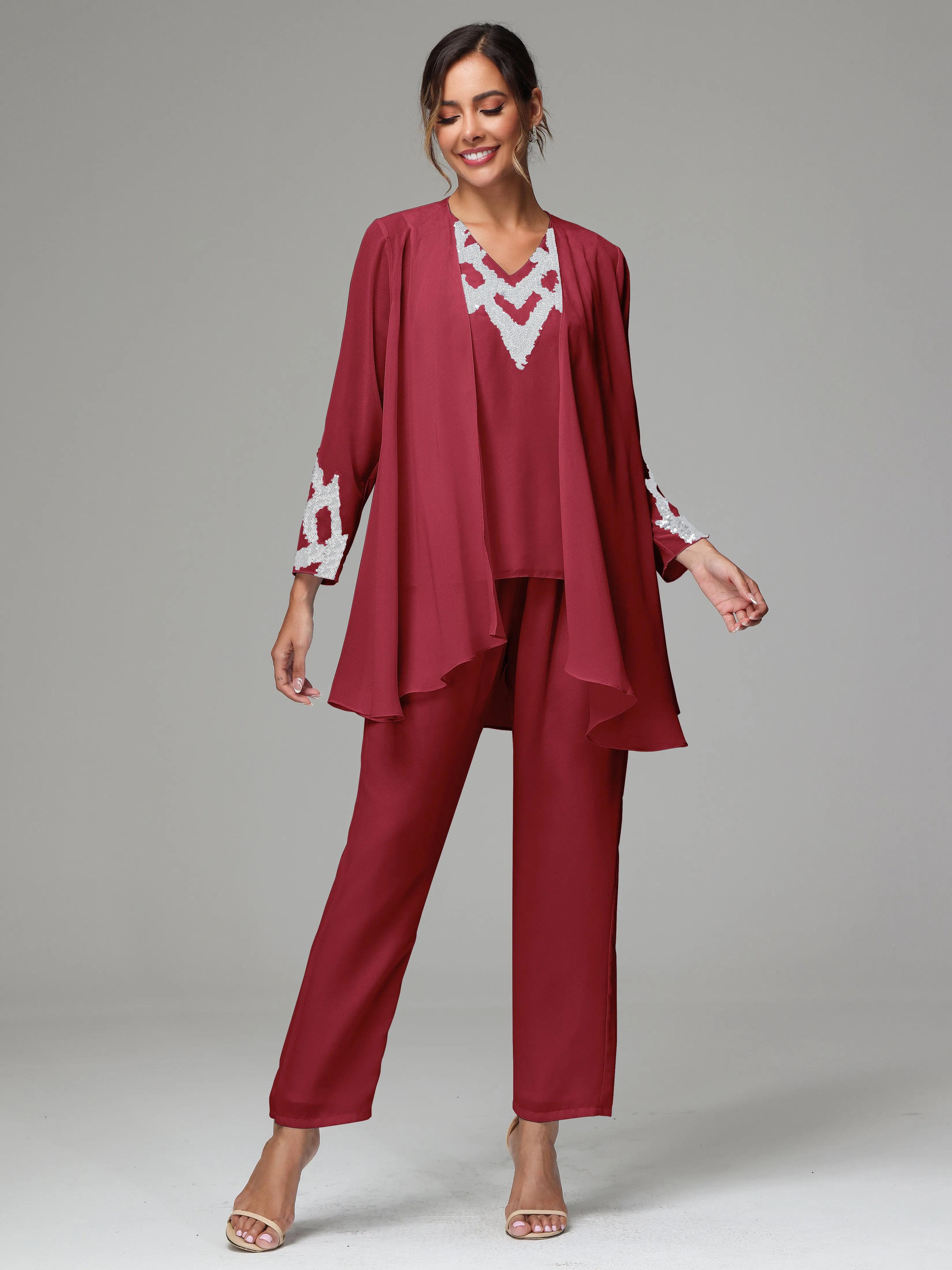 3 Pieces Long Sleeve Sequin Flutter Chiffon Mother of  Groom Dress Pant Suits
