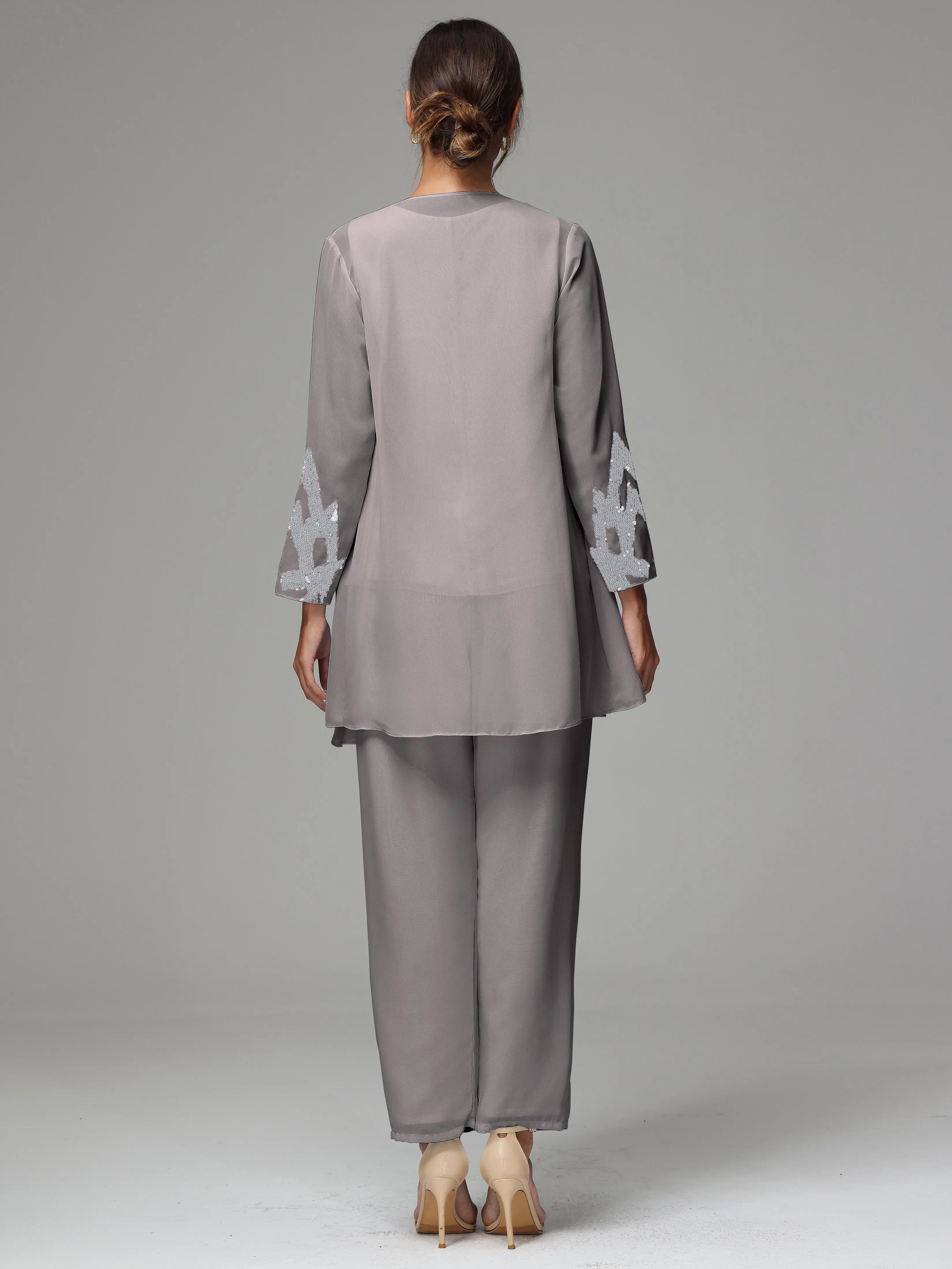 3 Pieces Long Sleeve Sequin Flutter Chiffon Mother of  Groom Dress Pant Suits