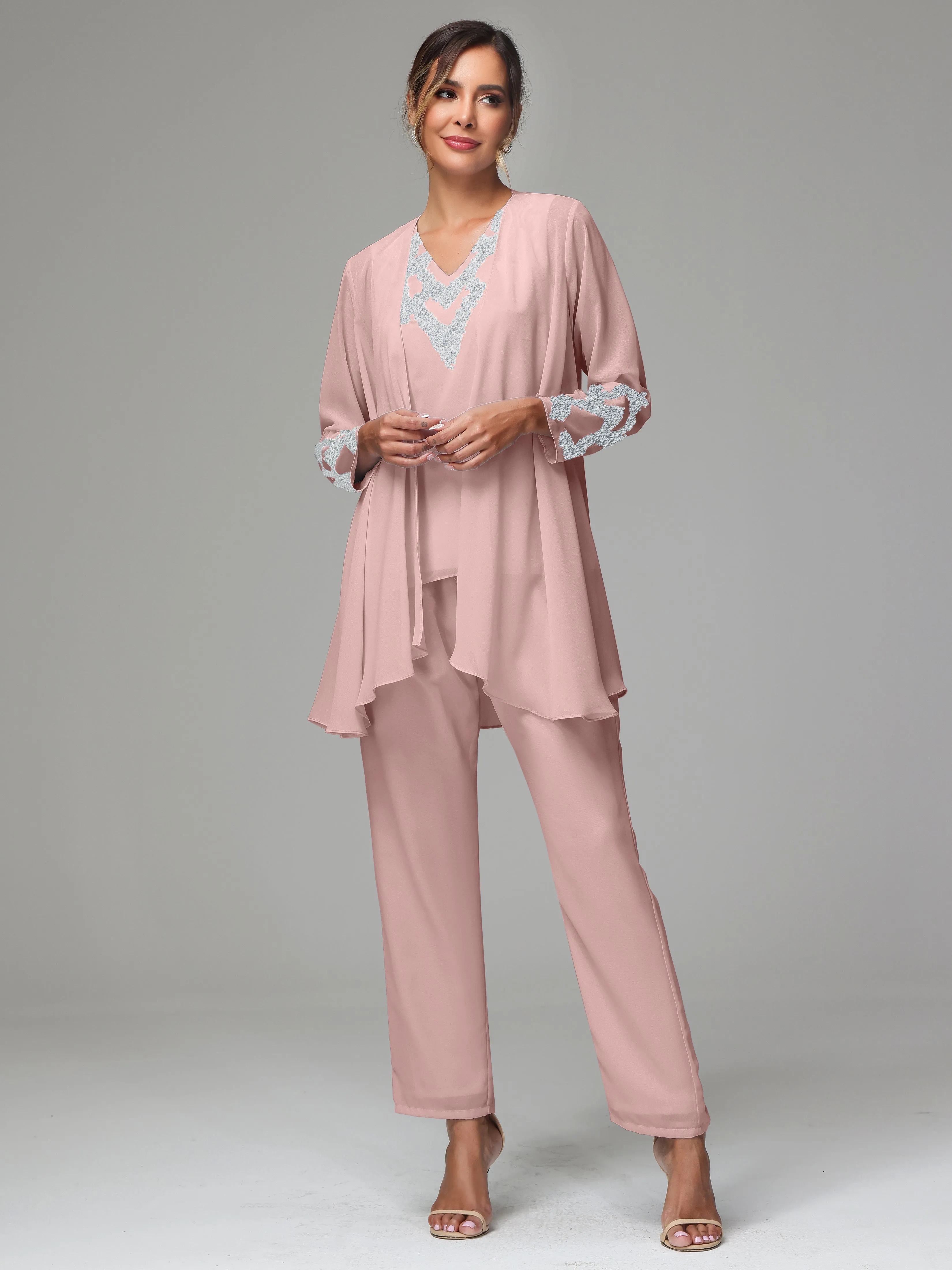3 Pieces Long Sleeve Sequin Flutter Chiffon Mother of  Groom Dress Pant Suits